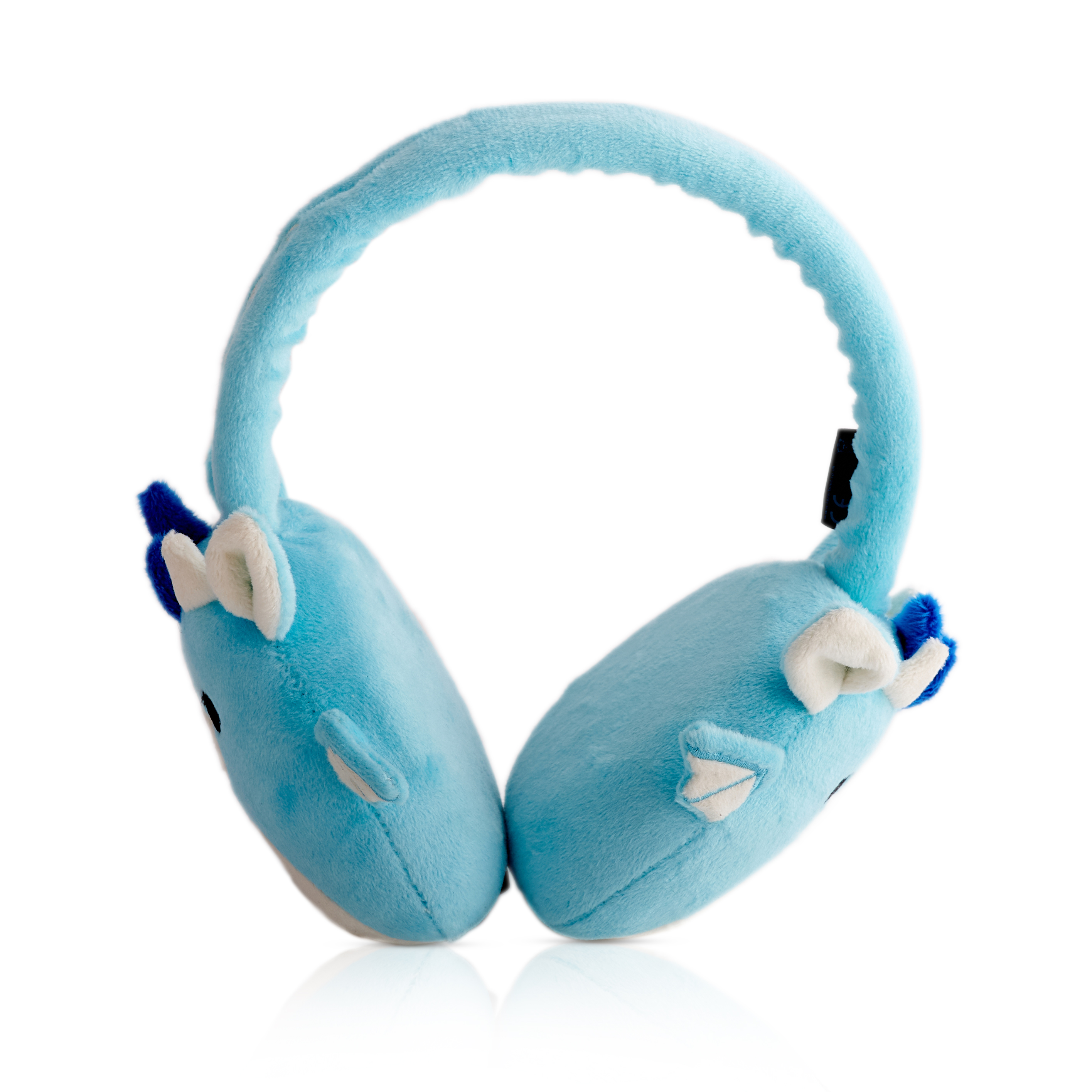 Blauwe, pluche oorbeschermers in de vorm van een stripfiguur met witte en blauwe details.