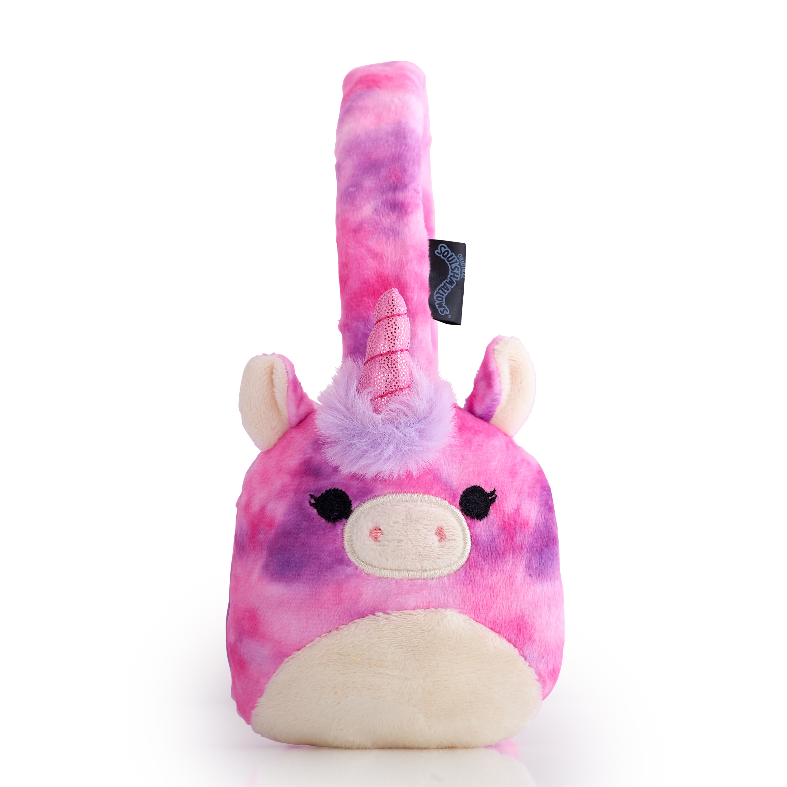 Een roze eenhoorn knuffel met een hoorn en oren, op een witte achtergrond.