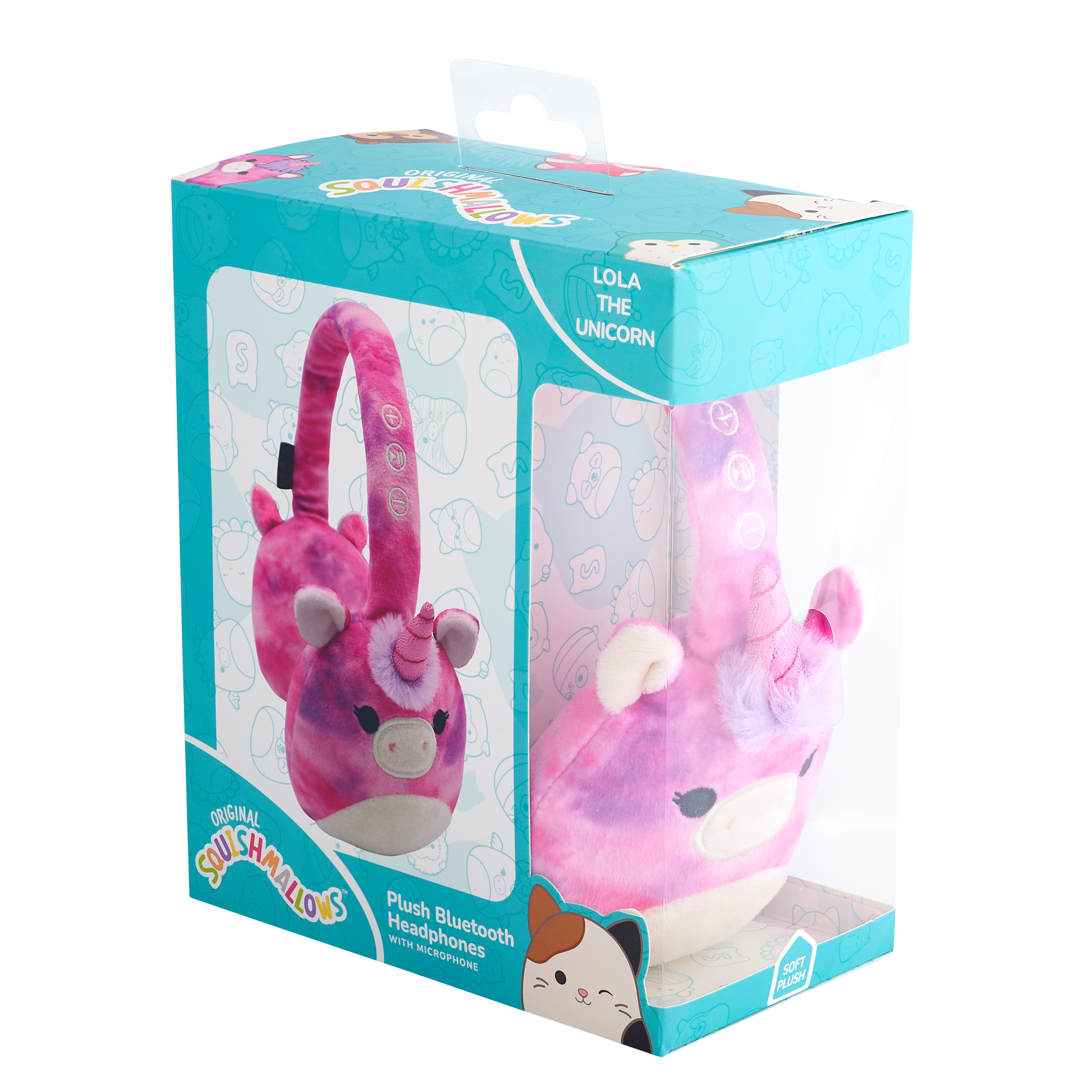Lola the Unicorn pluche Bluetooth-hoofdtelefoon in een doos. De hoofdtelefoon is roze met een eenhoornhoorn.
