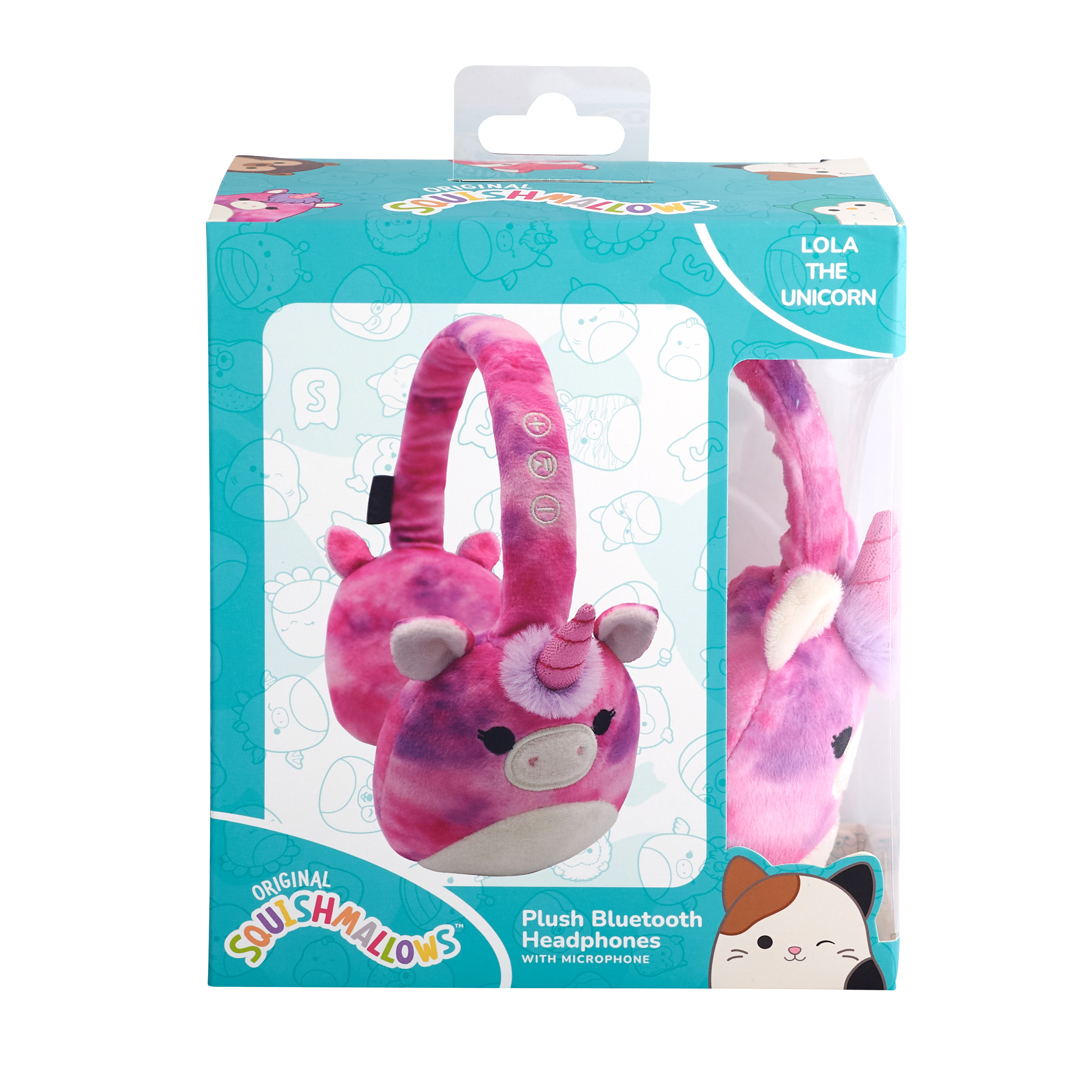 Verpakte Squishmallows Lola the Unicorn-hoofdtelefoon met roze en paars ontwerp, witte achtergrond.