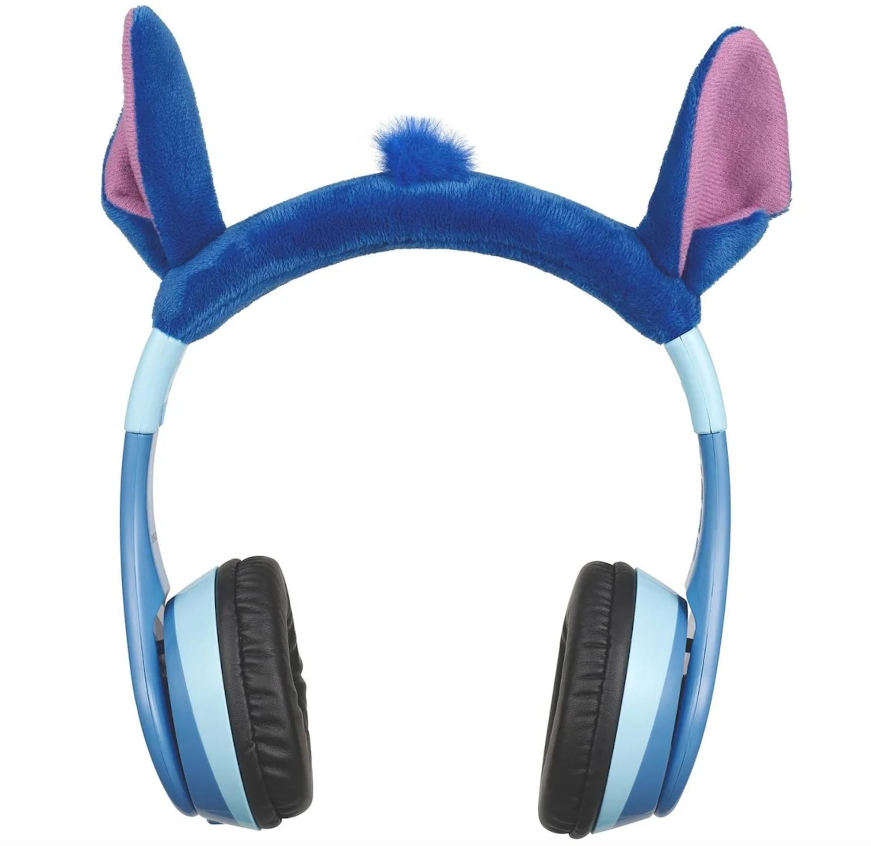 Cuffie blu con orecchie di Stitch. Le orecchie hanno l'interno rosa. Sono su sfondo bianco.