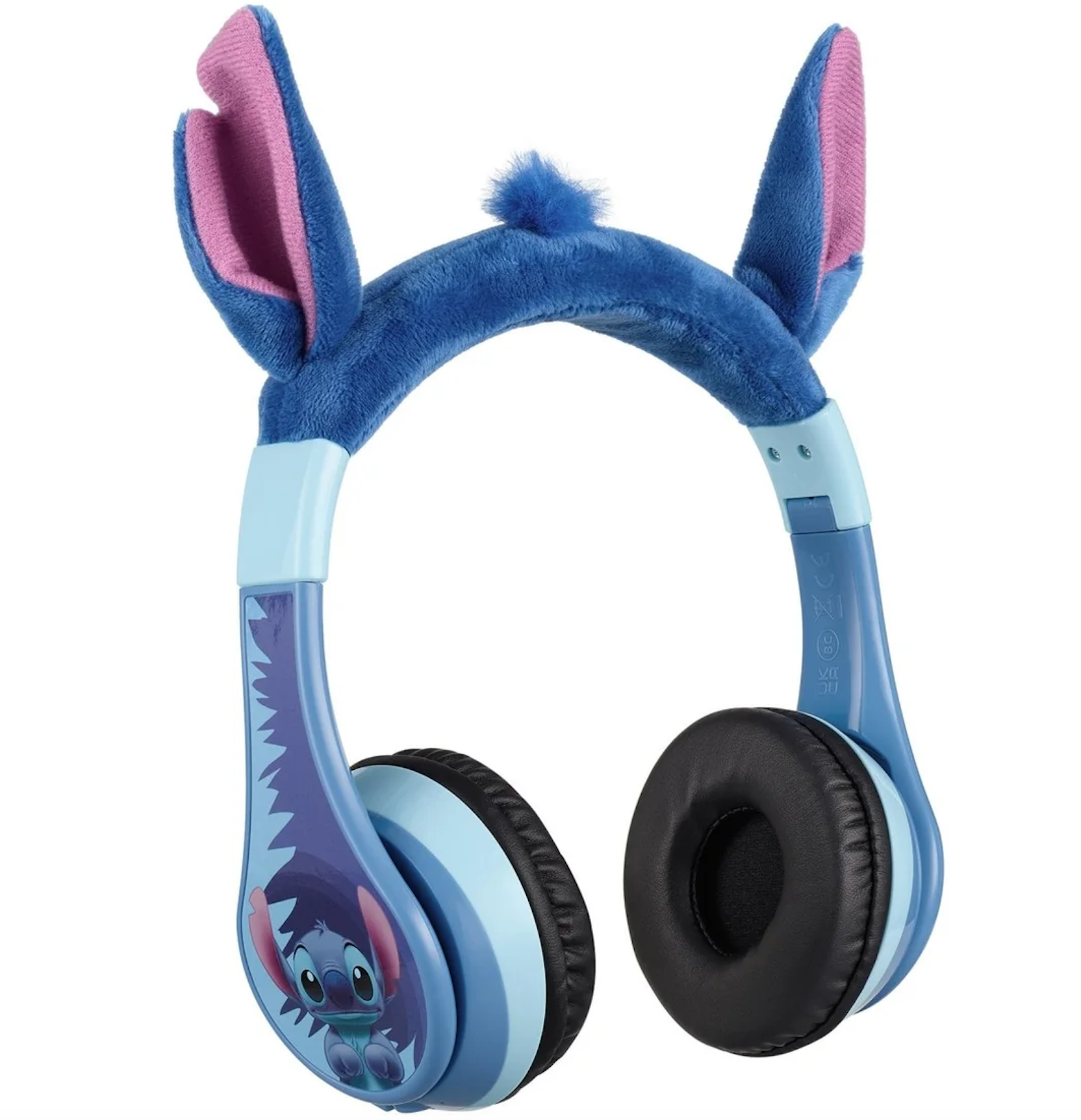 Cuffie Stitch blu con grafica a cartoni animati. Con padiglioni blu e neri e le orecchie di Stitch.