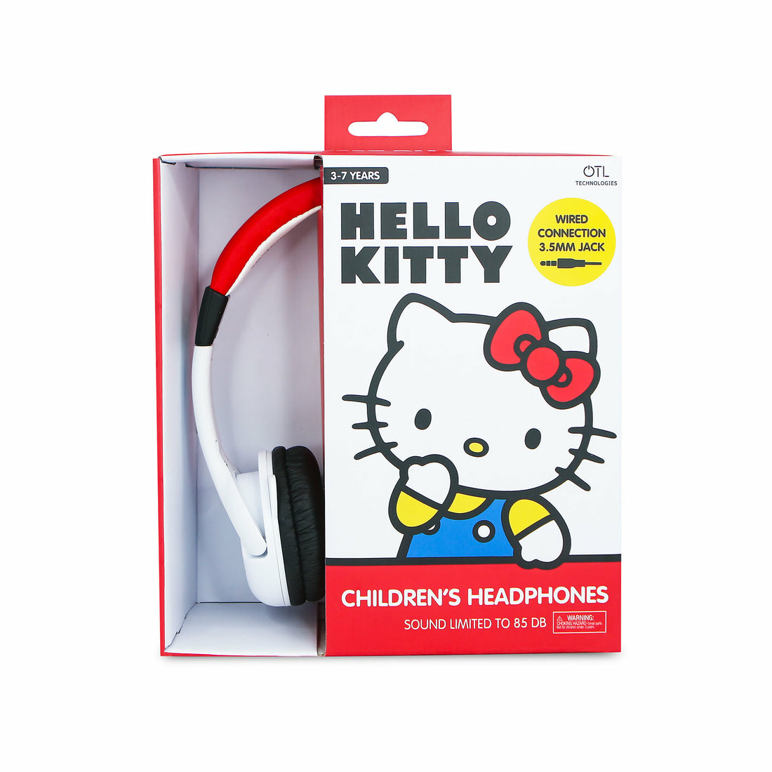 Hello Kitty children's headphones in a red and white box.
