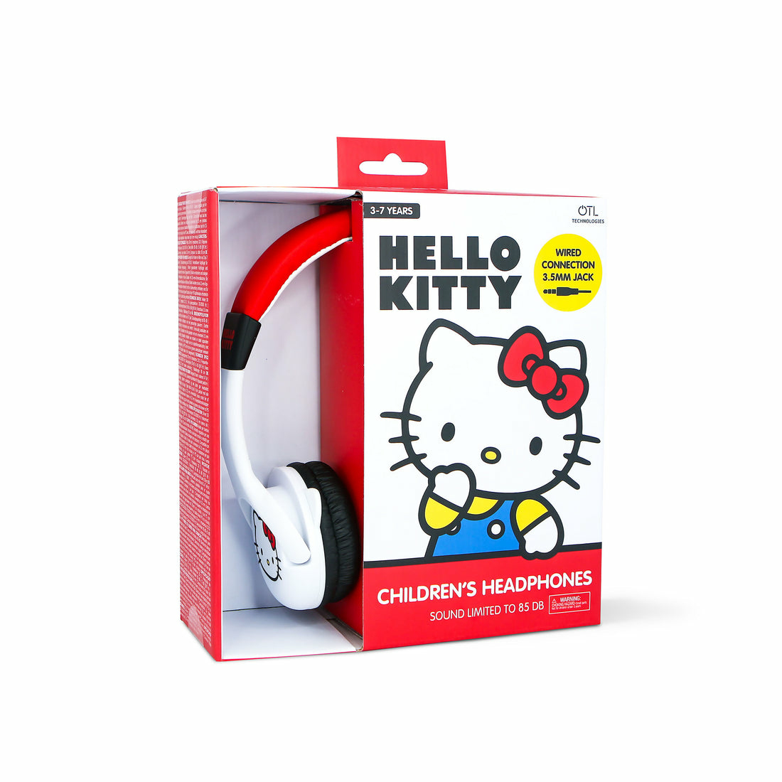 Hello Kitty children's headphones, in a red and white box, with Hello Kitty on it.