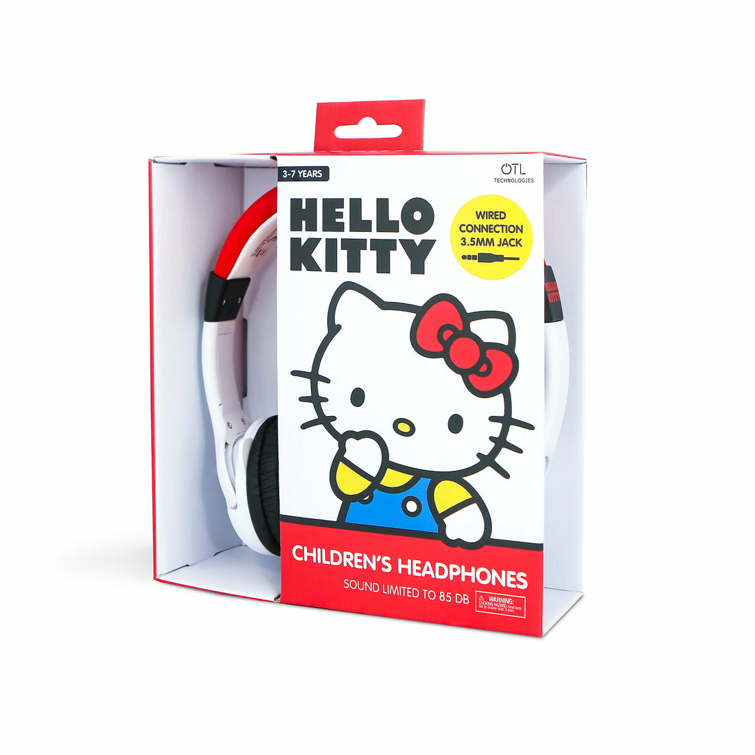 Hello Kitty children's headphones in a box. White headphones with a red and black design.