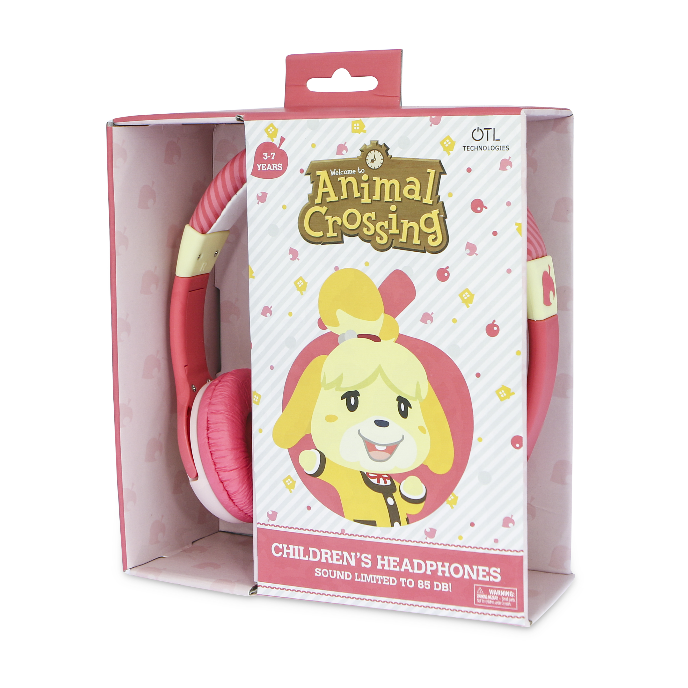 Auriculares rosas con temática de Animal Crossing en una caja. La caja muestra a Isabelle.