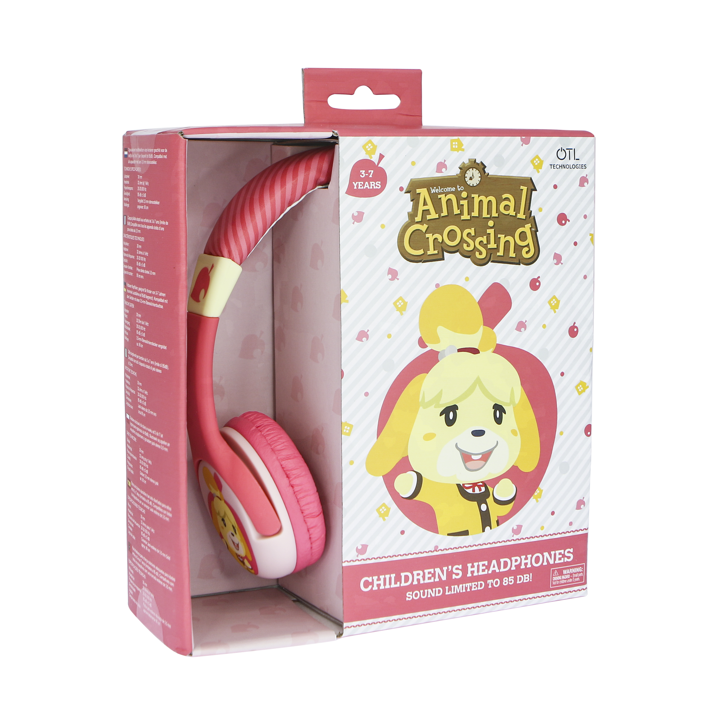 Auriculares para niños en caja. La caja presenta un personaje de Animal Crossing y el texto '3-7 AÑOS'.