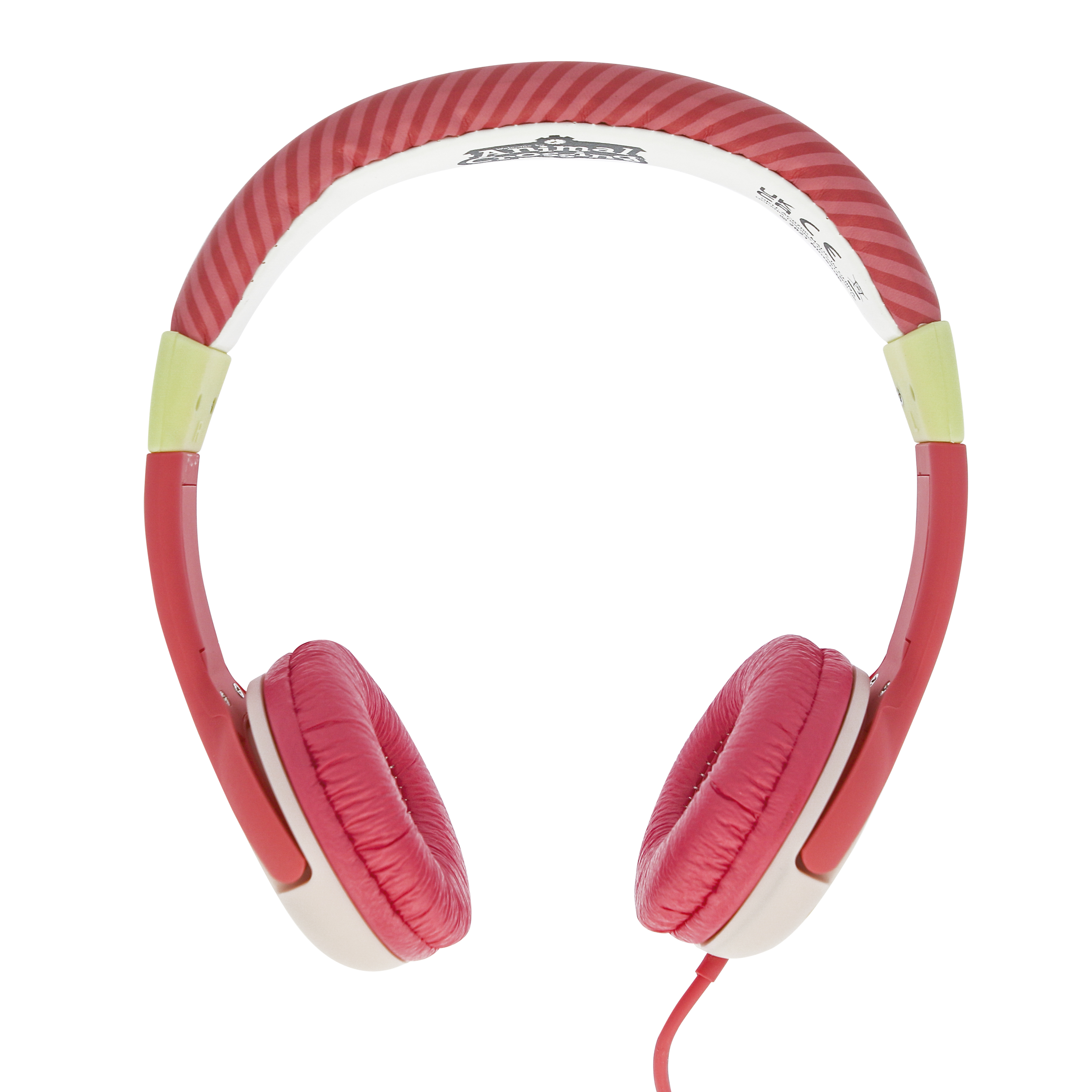 Auriculares a rayas rojas y blancas, vista superior, cable rojo.