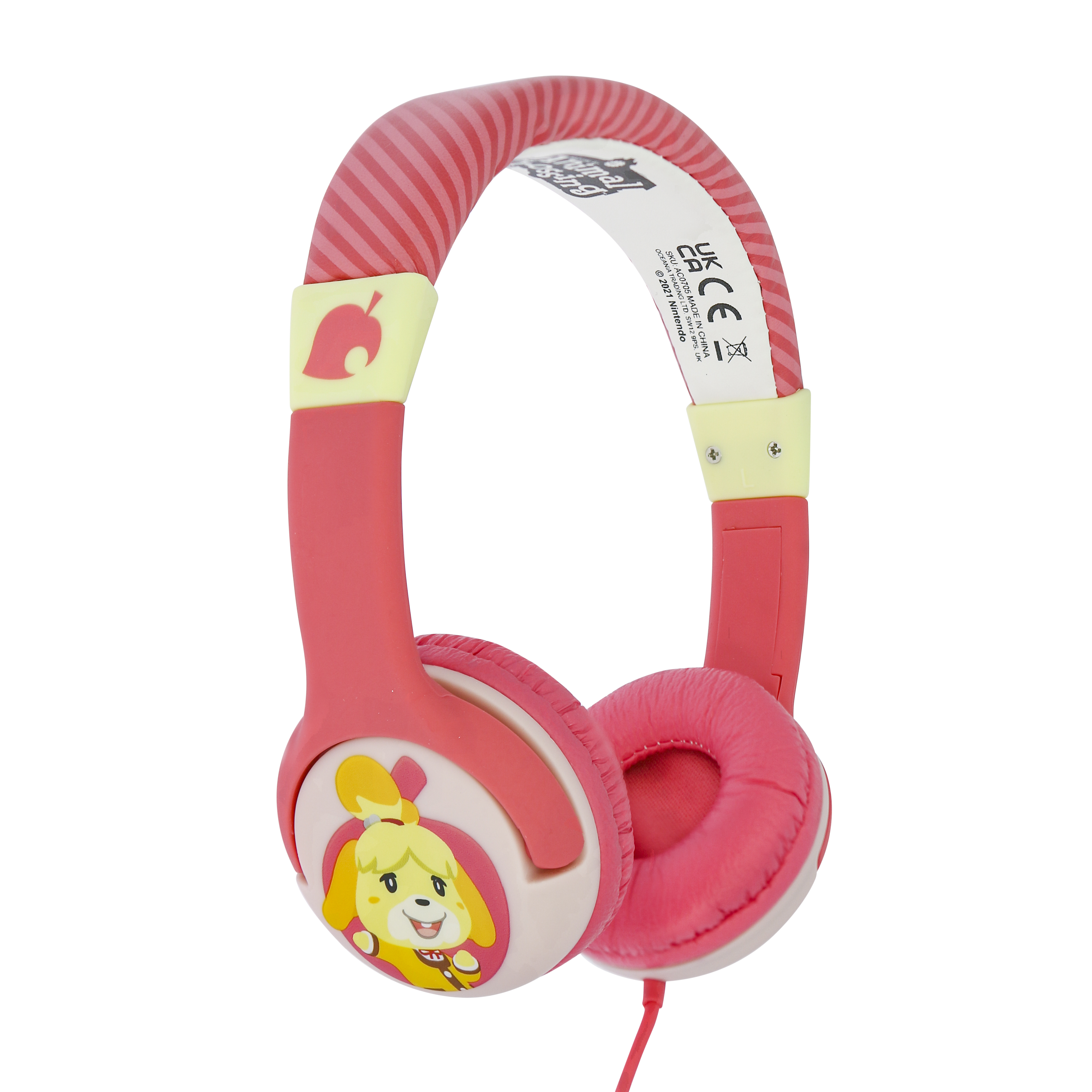 Auriculares rosa y crema de Animal Crossing con cable rojo, aislados.