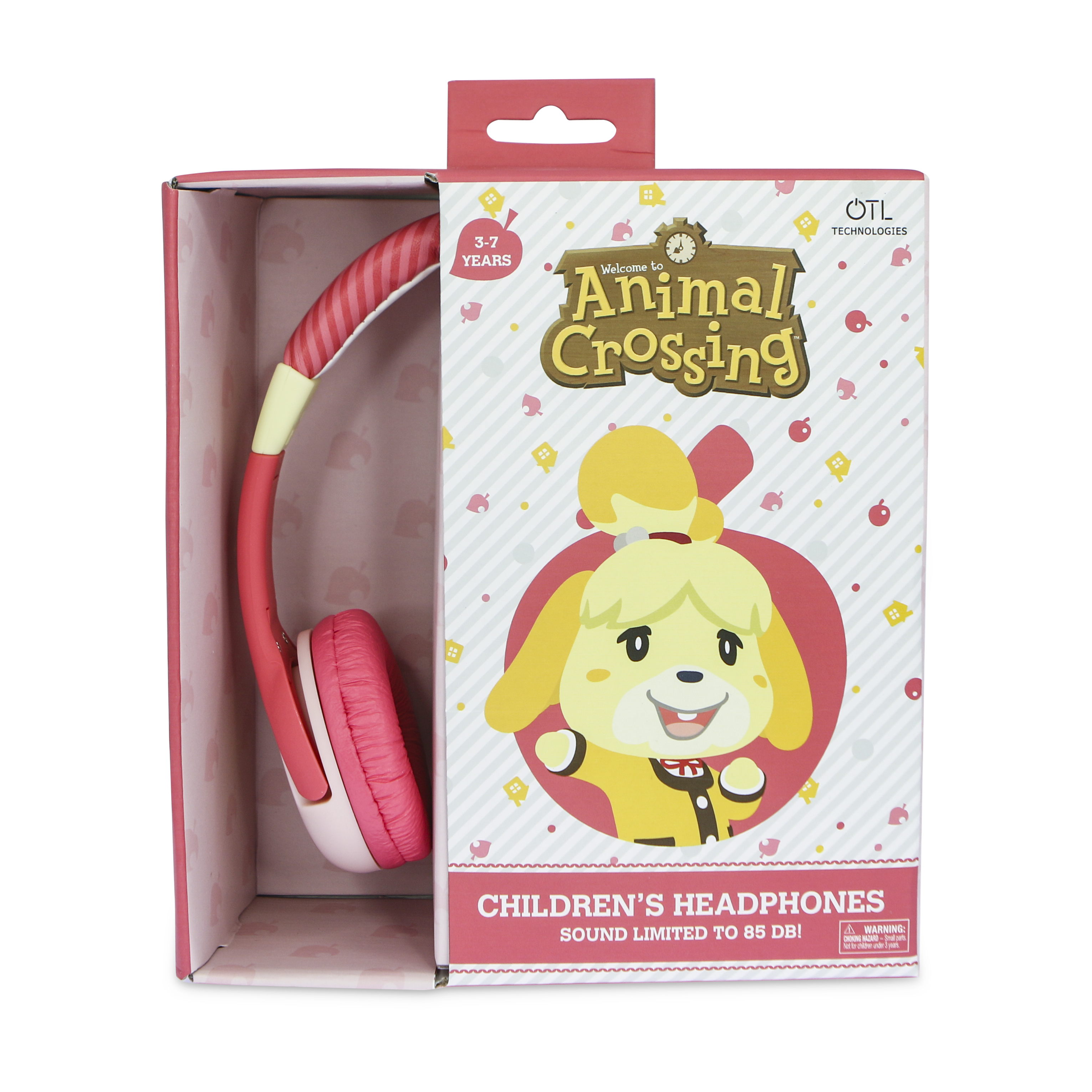 Auriculares infantiles de Animal Crossing en una caja con ilustración de Isabelle en la parte delantera.
