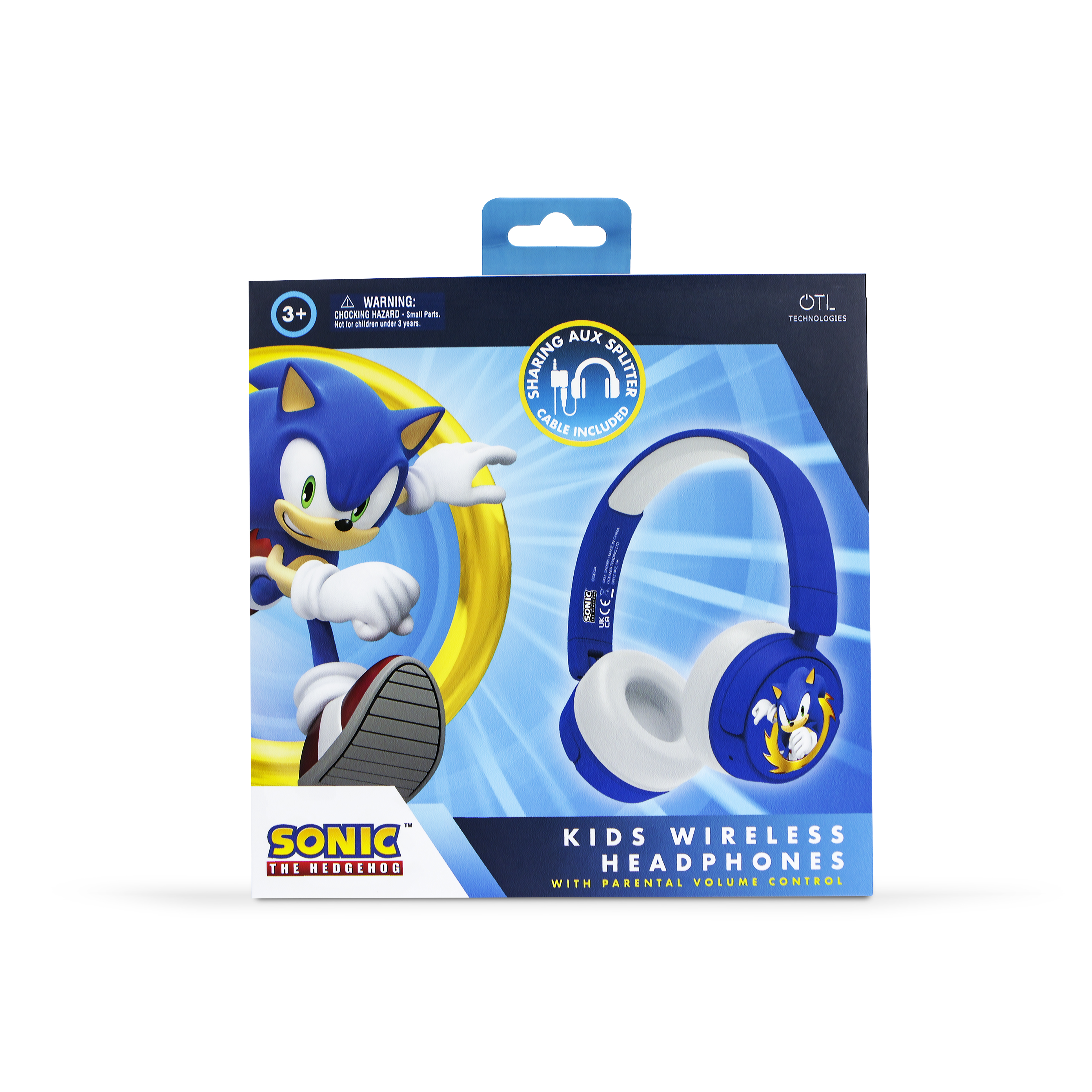 Sonic the Hedgehog kids wireless headphones in a box. Blue and white design.