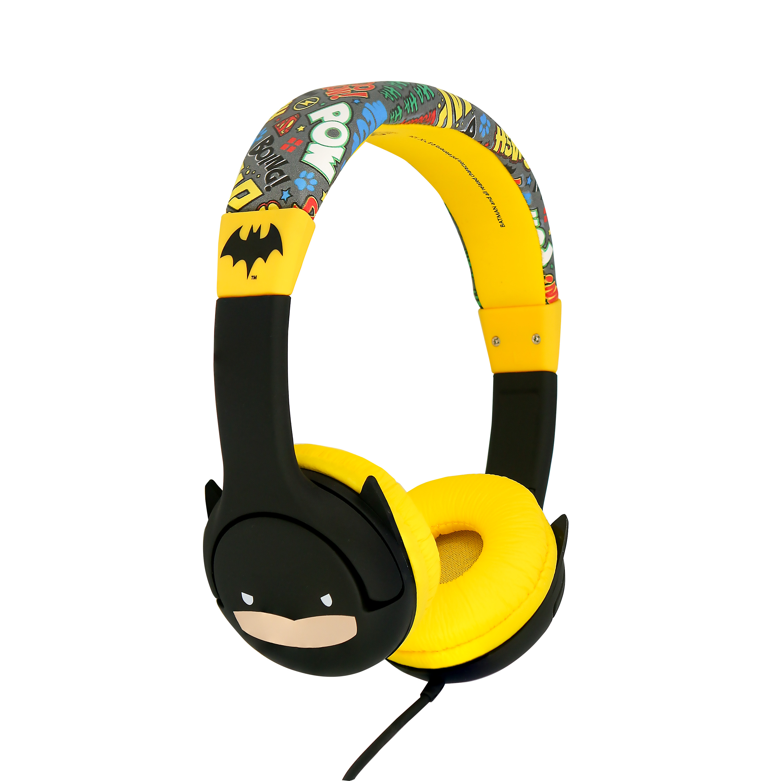 Batman-hoofdtelefoon met zwarte en gele kleuren. Strips op de hoofdband.