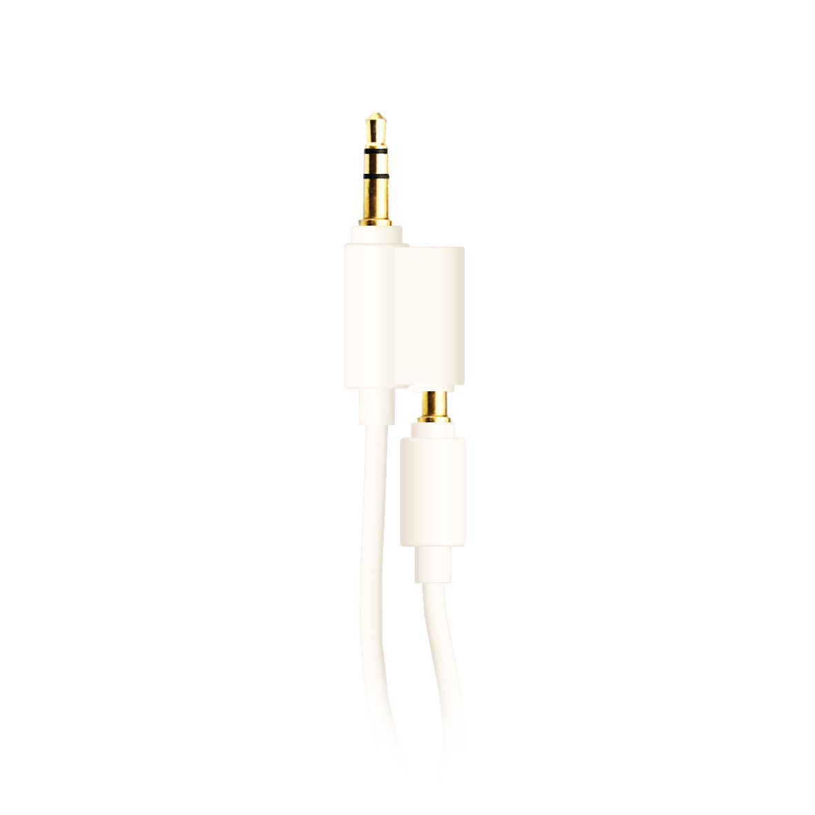 Cavo audio bianco con jack da 3,5 mm dorato e connettore bianco.