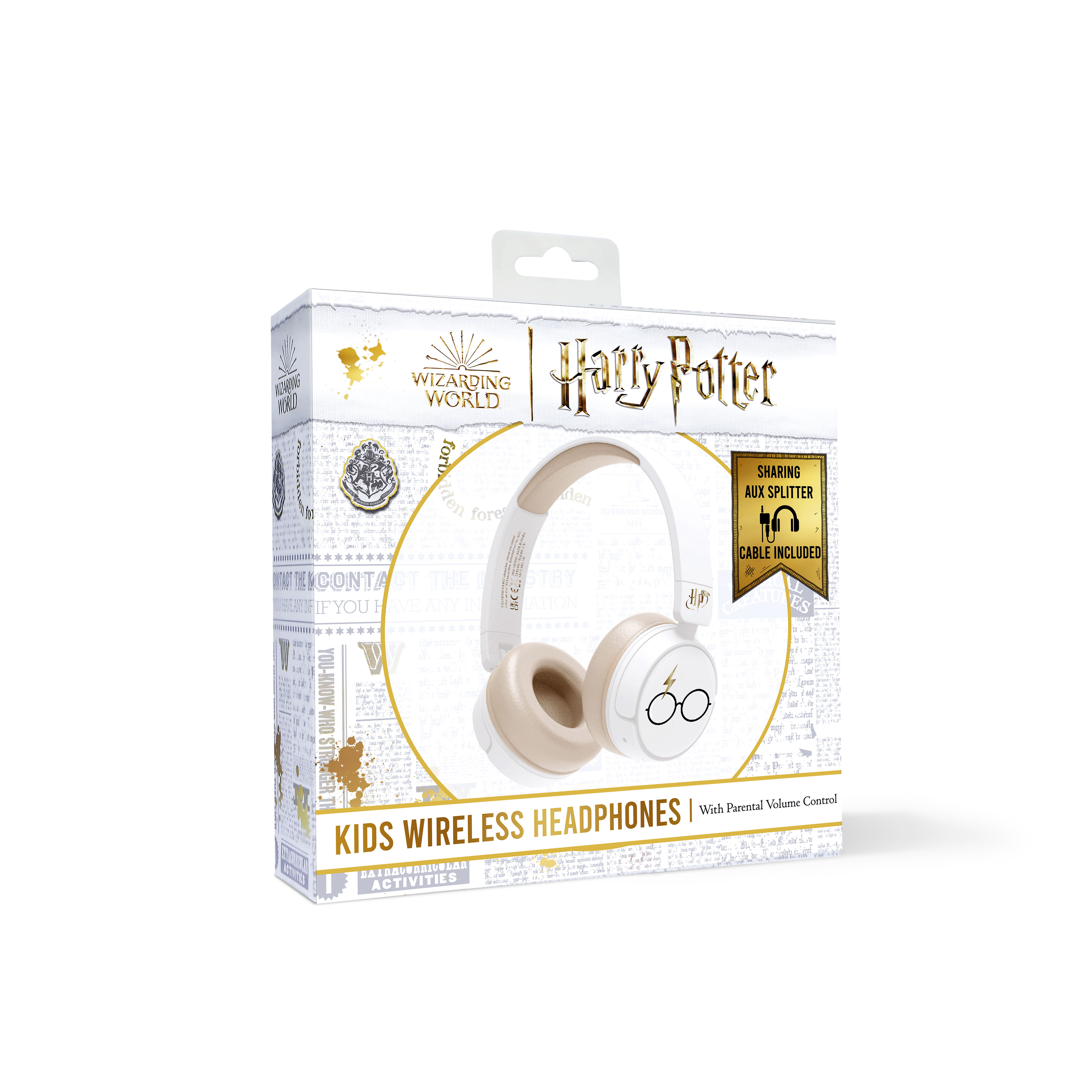 Cuffie per bambini a tema Harry Potter in una scatola, con splitter aux, sfondo bianco.