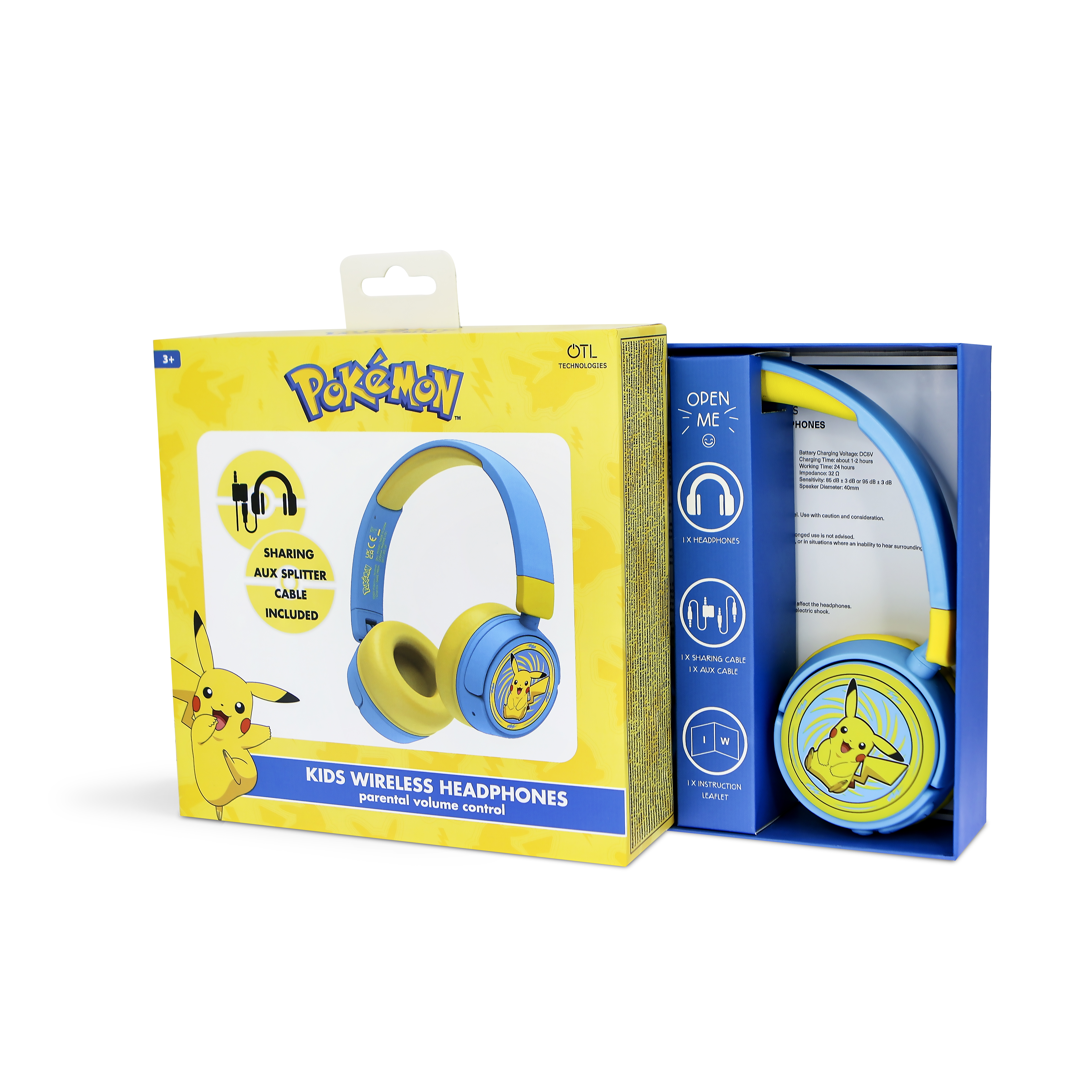 Pokemon Kinder-Funkkopfhörer in einer Box. Gelbe und blaue Kopfhörer mit Pikachu-Design.