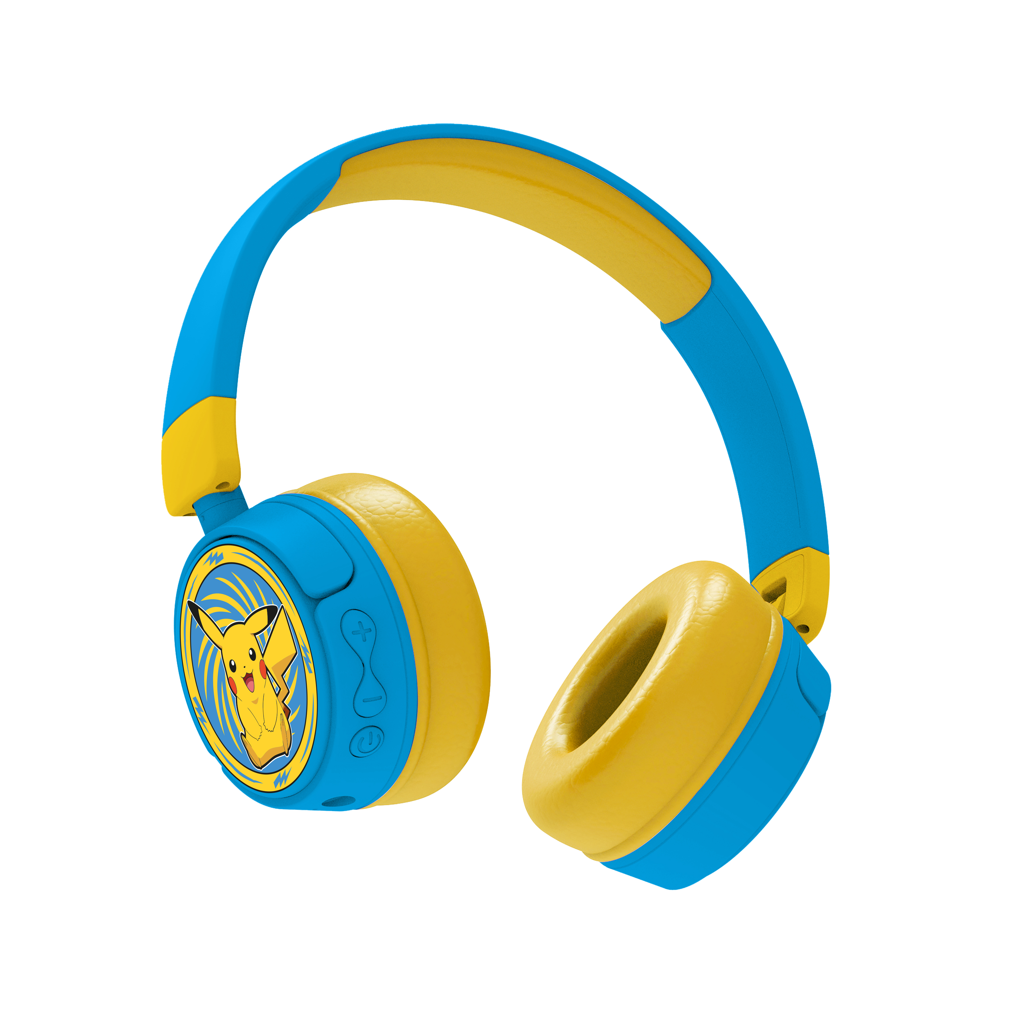 Blauwe en gele Pikachu koptelefoon. Voorzien van Pikachu afbeelding op de oorschelpen.