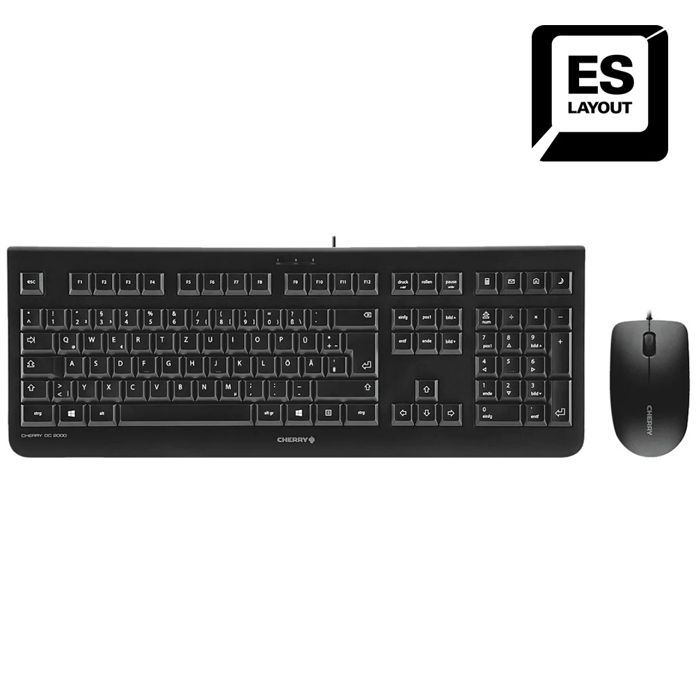 Teclado negro con diseño ES y ratón a juego. El diseño es para el idioma español.