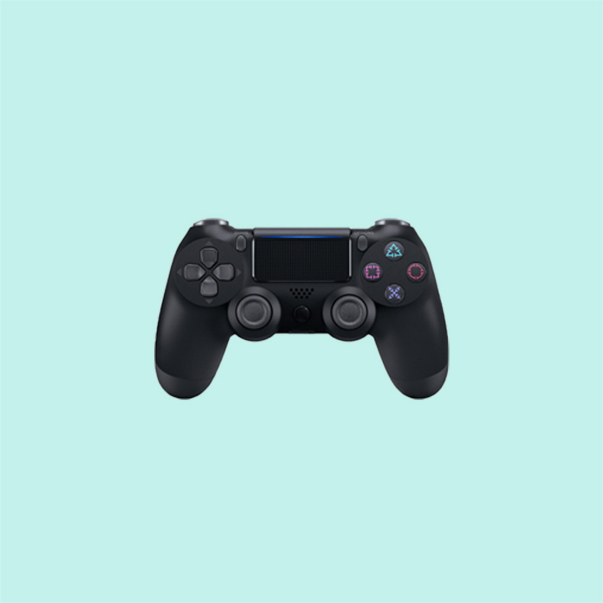 Schwarzer PlayStation-Controller auf hellblauem Hintergrund. Die Tasten sind sichtbar.
