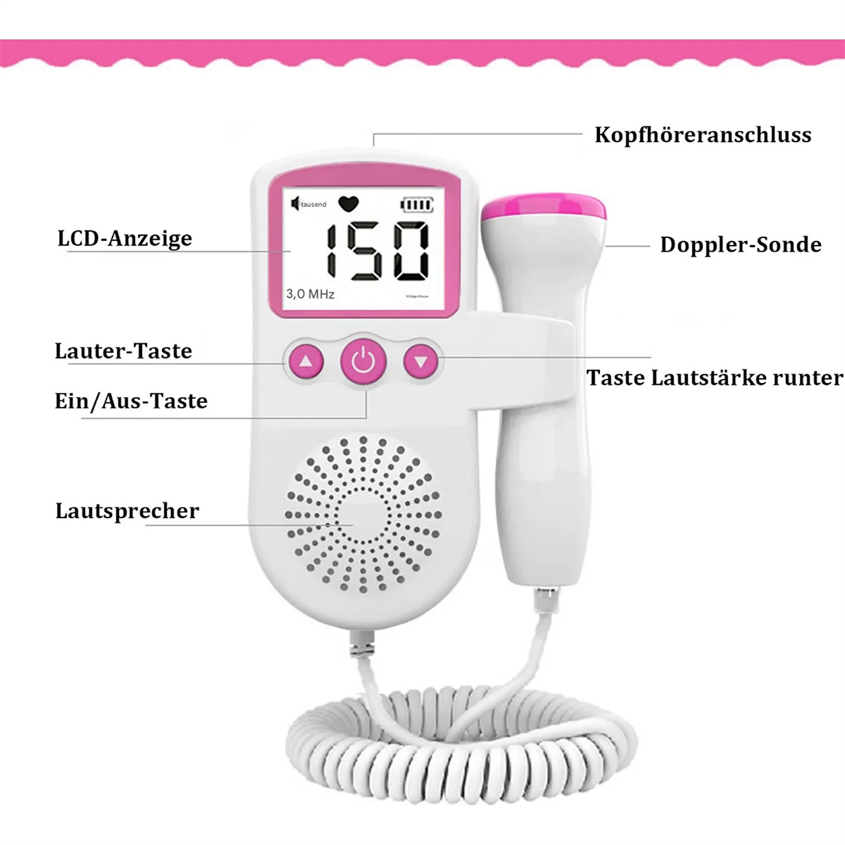 Ein medizinisches Gerät mit digitaler Anzeige zeigt die fetale Herzfrequenz. Knöpfe und eine Doppler-Sonde sind sichtbar.