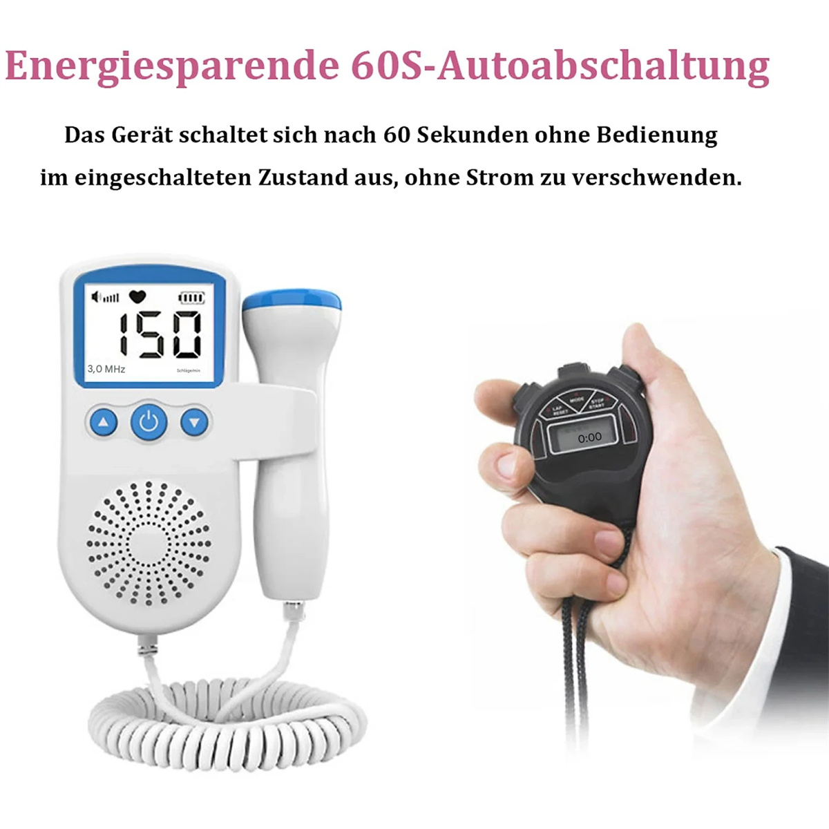 Gerät mit Bildschirm und Stoppuhr. Text sagt, es schaltet sich in 60 Sekunden automatisch aus.