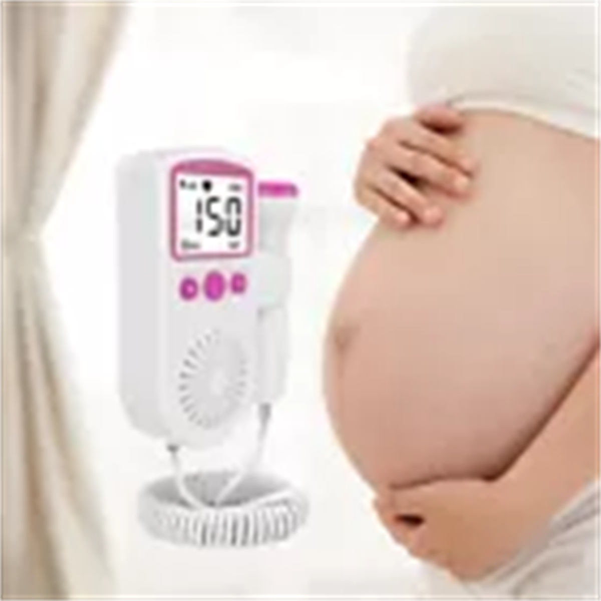 Schwangere Frau mit einem fetalen Doppler.
