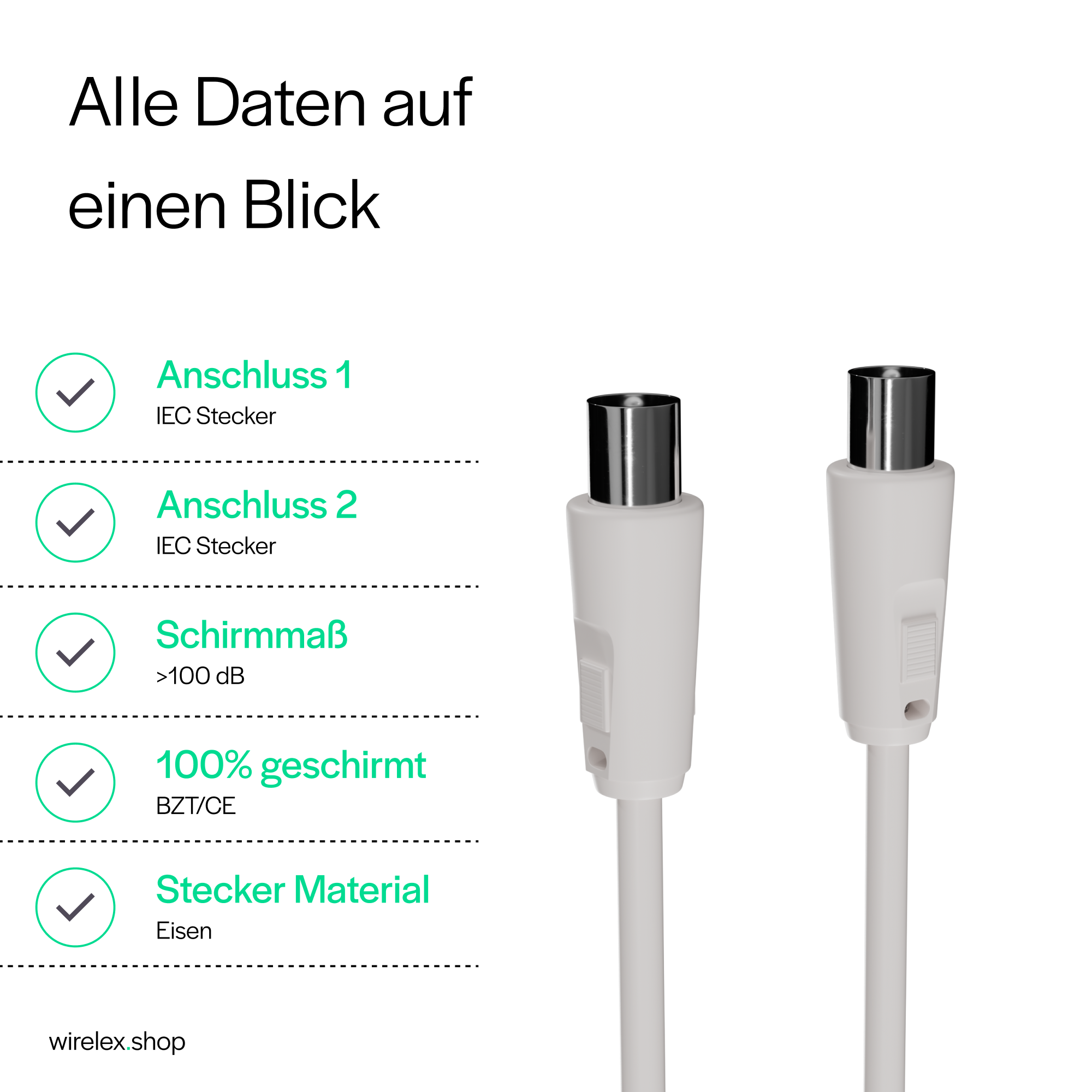 Zwei weiße Stecker mit Kabeln. Text zu den Spezifikationen und anderen Details der Stecker.