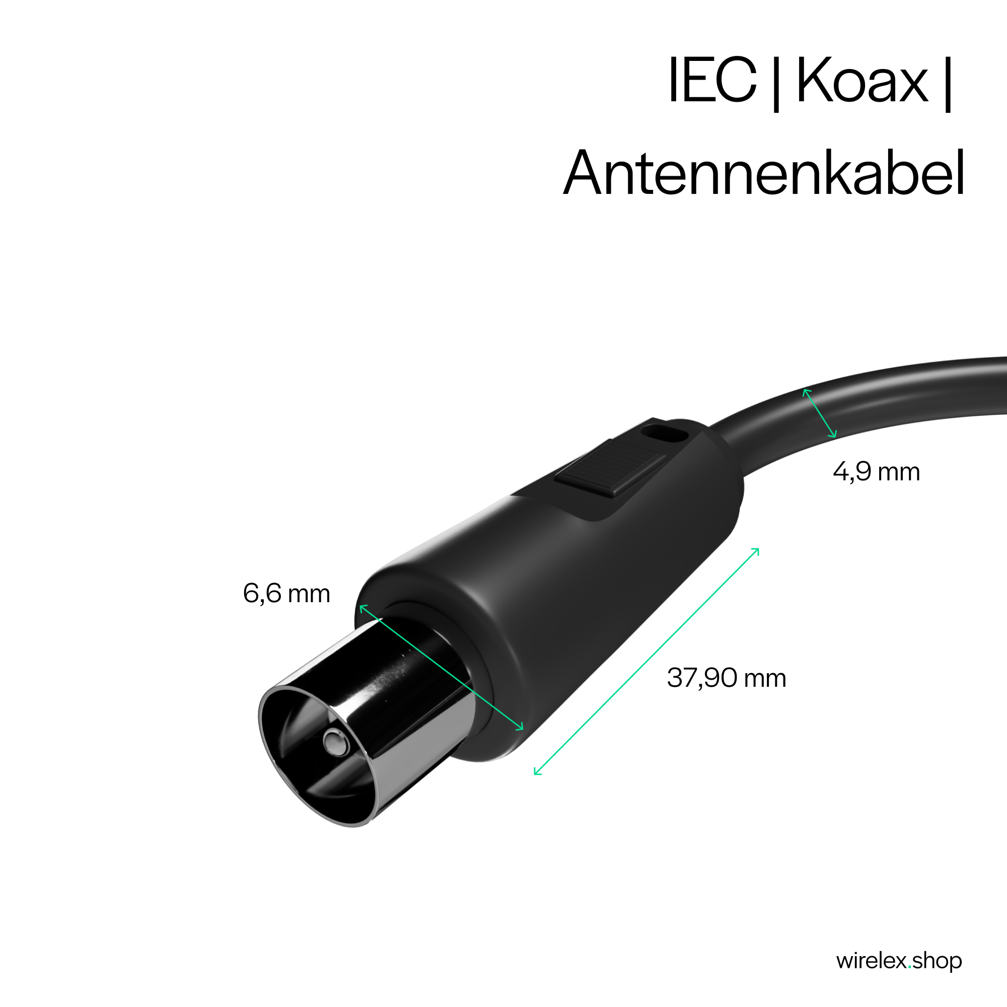 Schwarzes Koaxialkabel mit Stecker, beschriftet mit Abmessungen und Text.