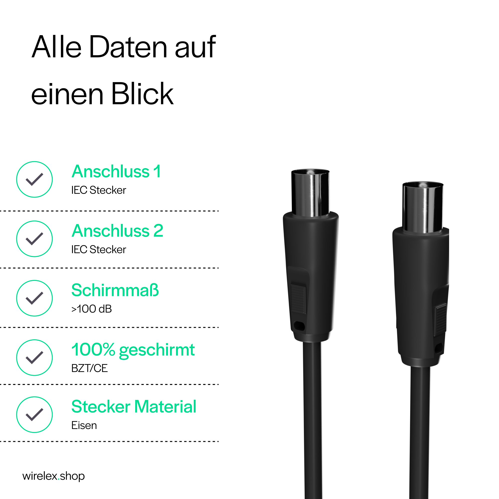 Zwei schwarze Koaxialkabel mit Metallanschlüssen. Textdetails Spezifikationen auf Deutsch, mit Symbolen.