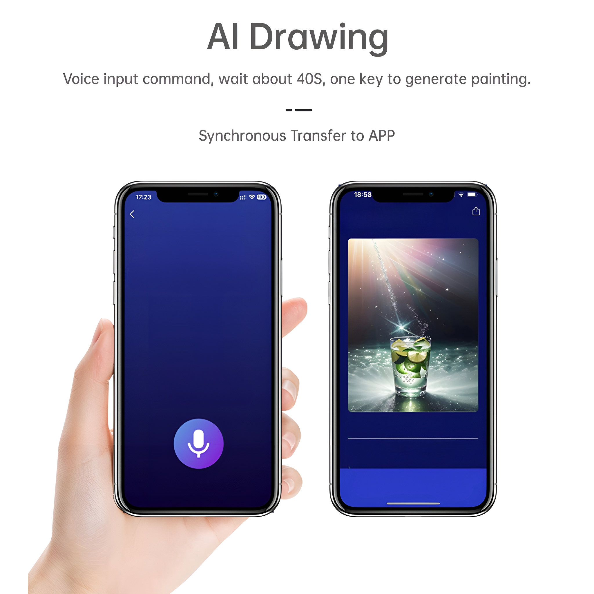 Zwei Handys, die eine Zeichen-App-Oberfläche mit Spracheingabe anzeigen.