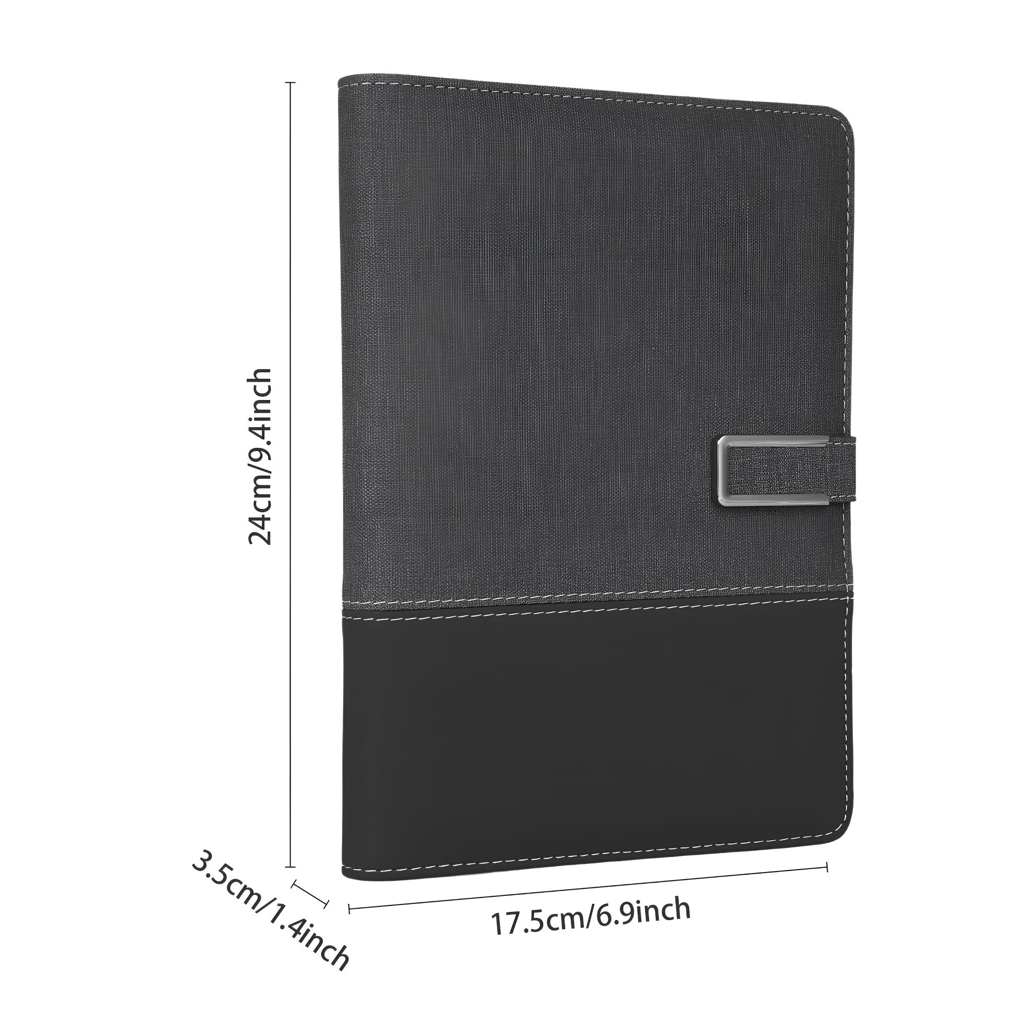 Geschlossenes schwarzes und graues Leder-Notizbuch, mit Abmessungen von 24x17,5 cm und 3,5 cm Dicke.