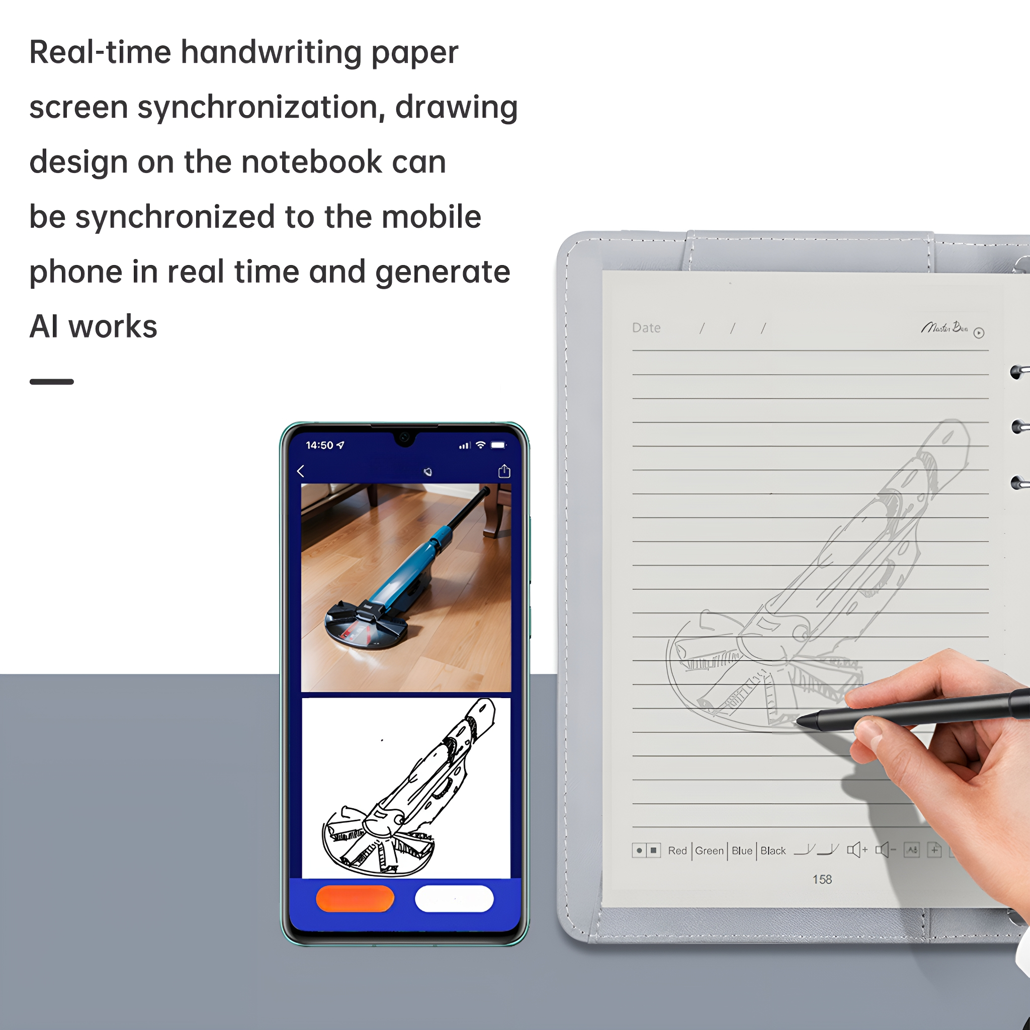 Ein Tablet mit einer Zeichnung, ein Telefon, das eine Zeichnung anzeigt. Eine Hand zeichnet.