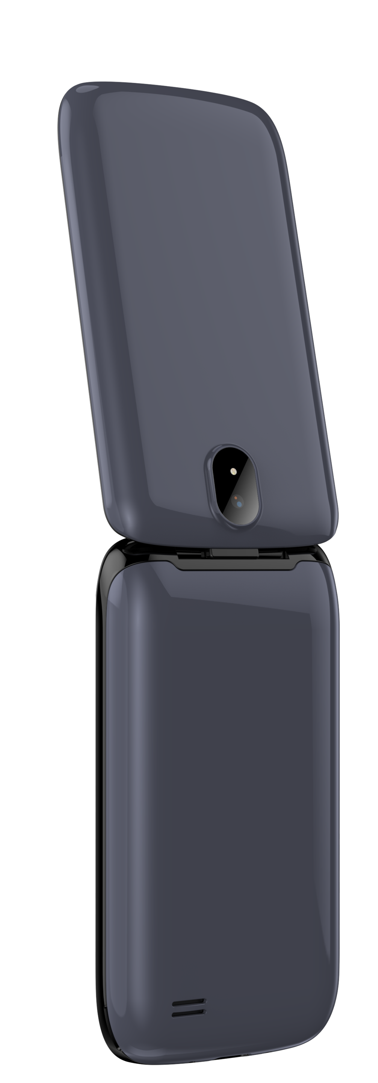 Un telefono a conchiglia blu scuro chiuso, vista posteriore, su sfondo nero.