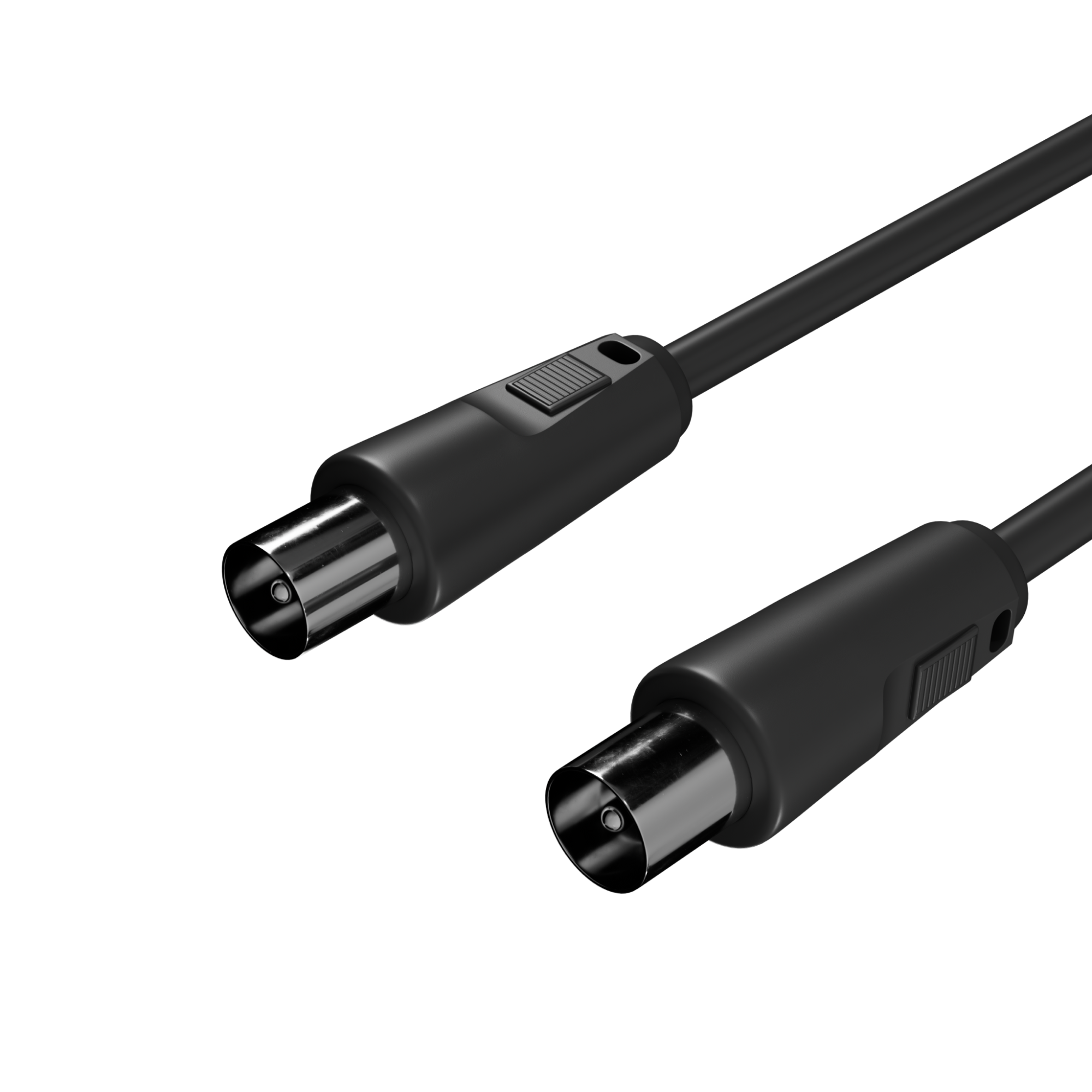 Zwei schwarze Koaxialkabel mit Steckern auf Weiß. Ein Kabel mit Druckknopf.