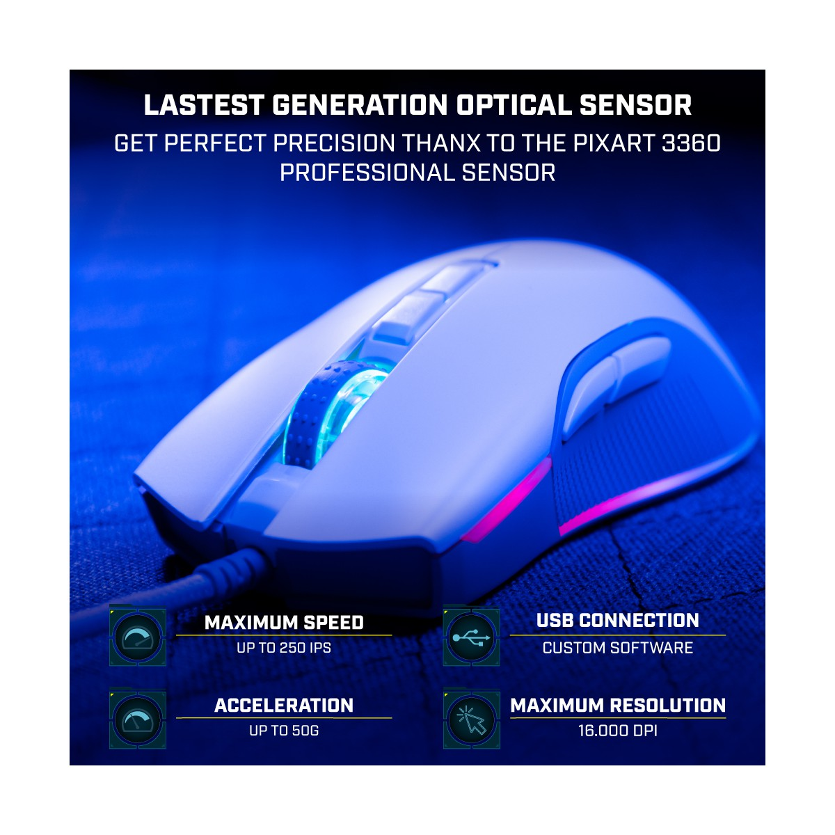 Mouse da gioco bianco. Ha illuminazione e pulsanti, e il cavo è visibile.