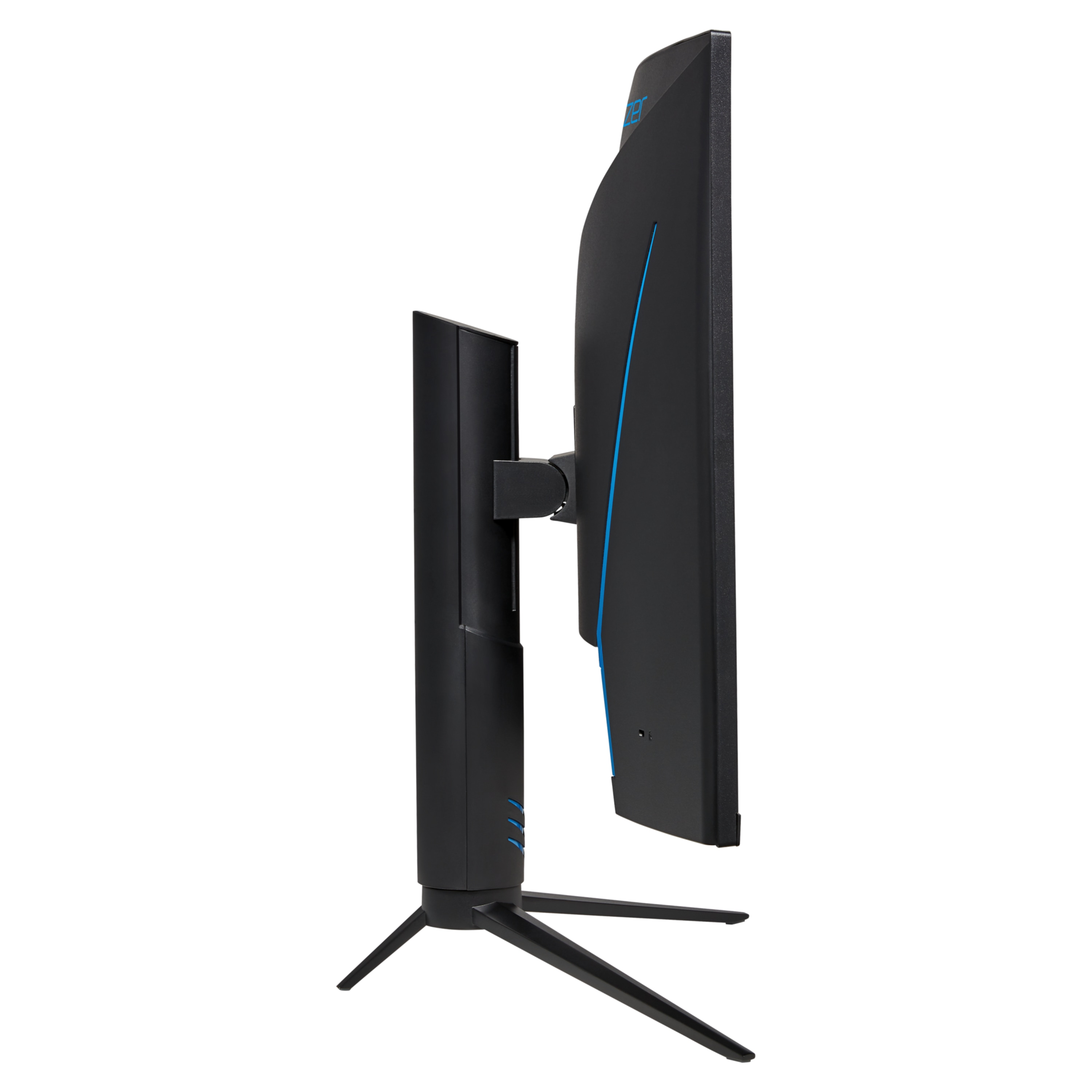 Monitor de computadora, vista lateral. Monitor negro con detalles azules y soporte.