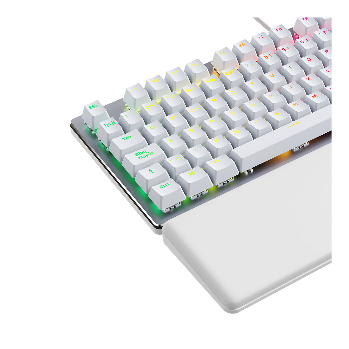 Biała klawiatura mechaniczna z tęczowym podświetleniem, podpórką pod nadgarstek i kilkoma widocznymi klawiszami.