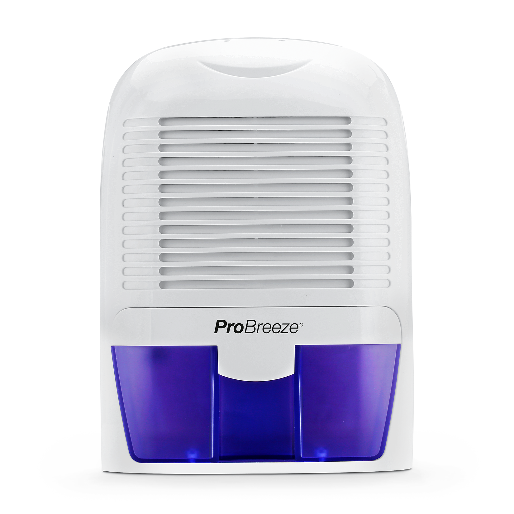 Deumidificatore bianco e viola. Ha una forma rettangolare e un logo ProBreeze.