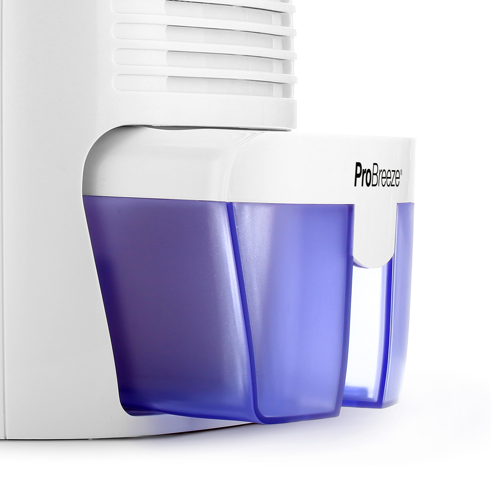 Deumidificatore bianco con serbatoio blu e marchio ProBreeze.