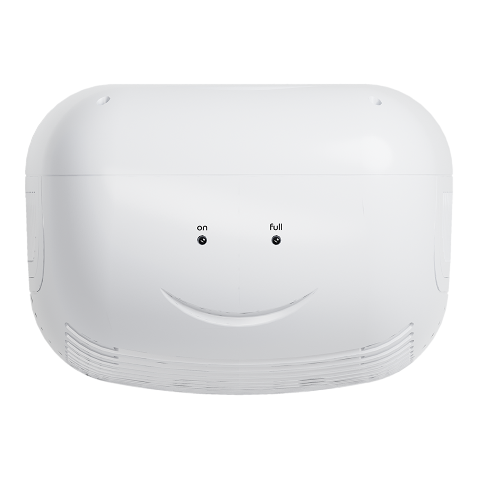 Dispositivo bianco, ovale, con indicatori 'on' e 'full', che assomiglia a un volto sorridente.