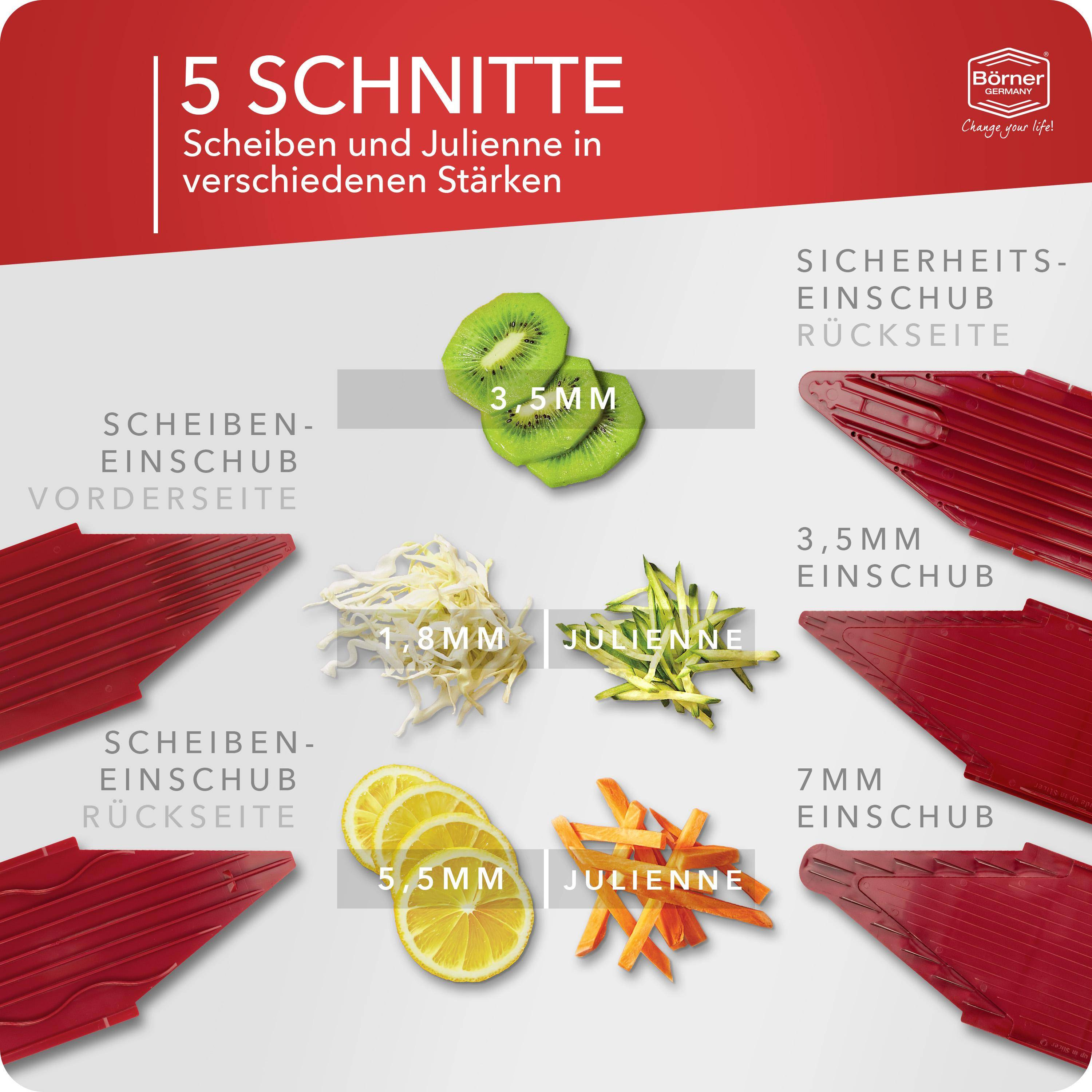 Küchenwerkzeug mit verschiedenen Gemüseschnitten: Kiwi, Kohl, Zitrone und Karotte. Roter Schneider.