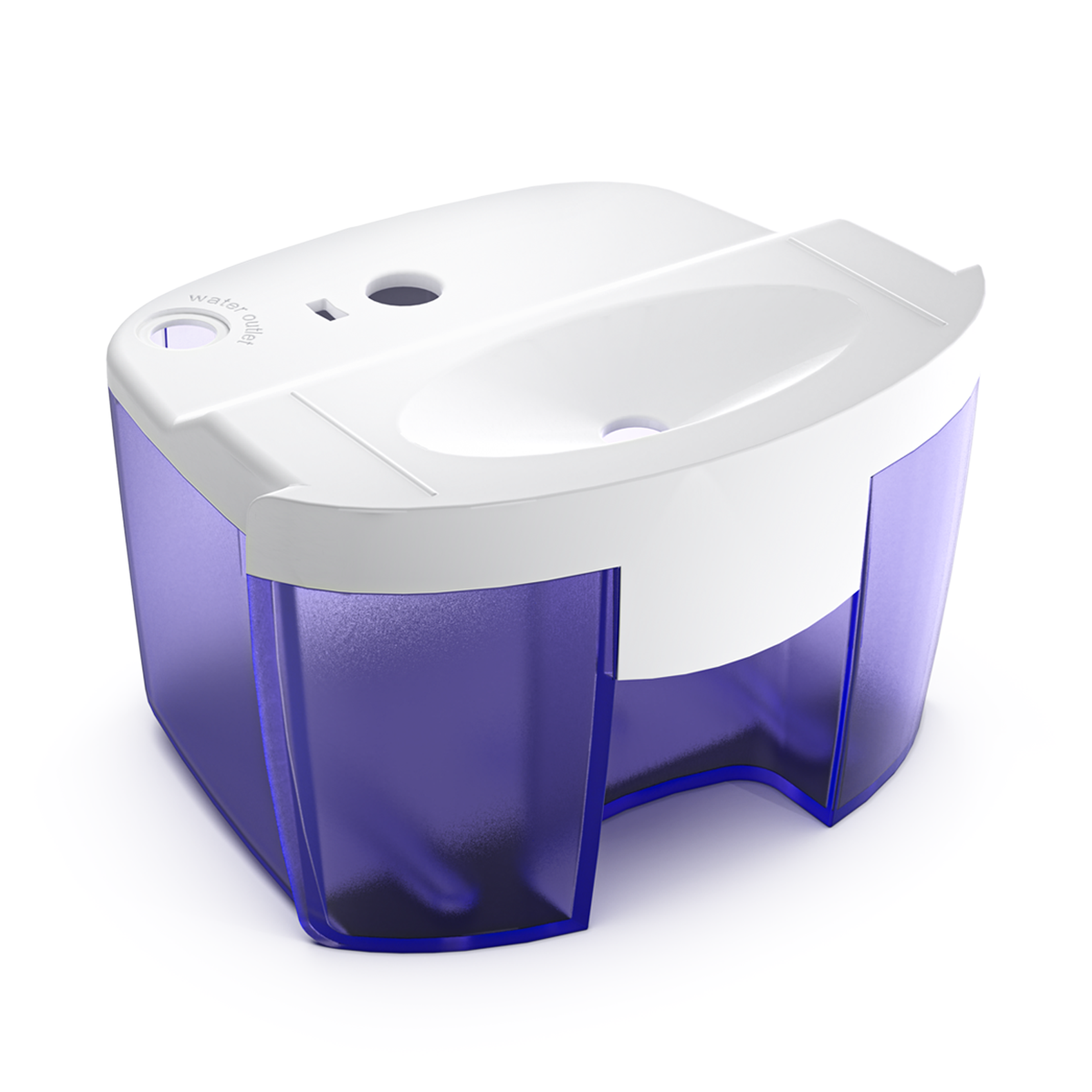 Ein weiß-violetter Wasserbehälter mit abgerundetem Design.