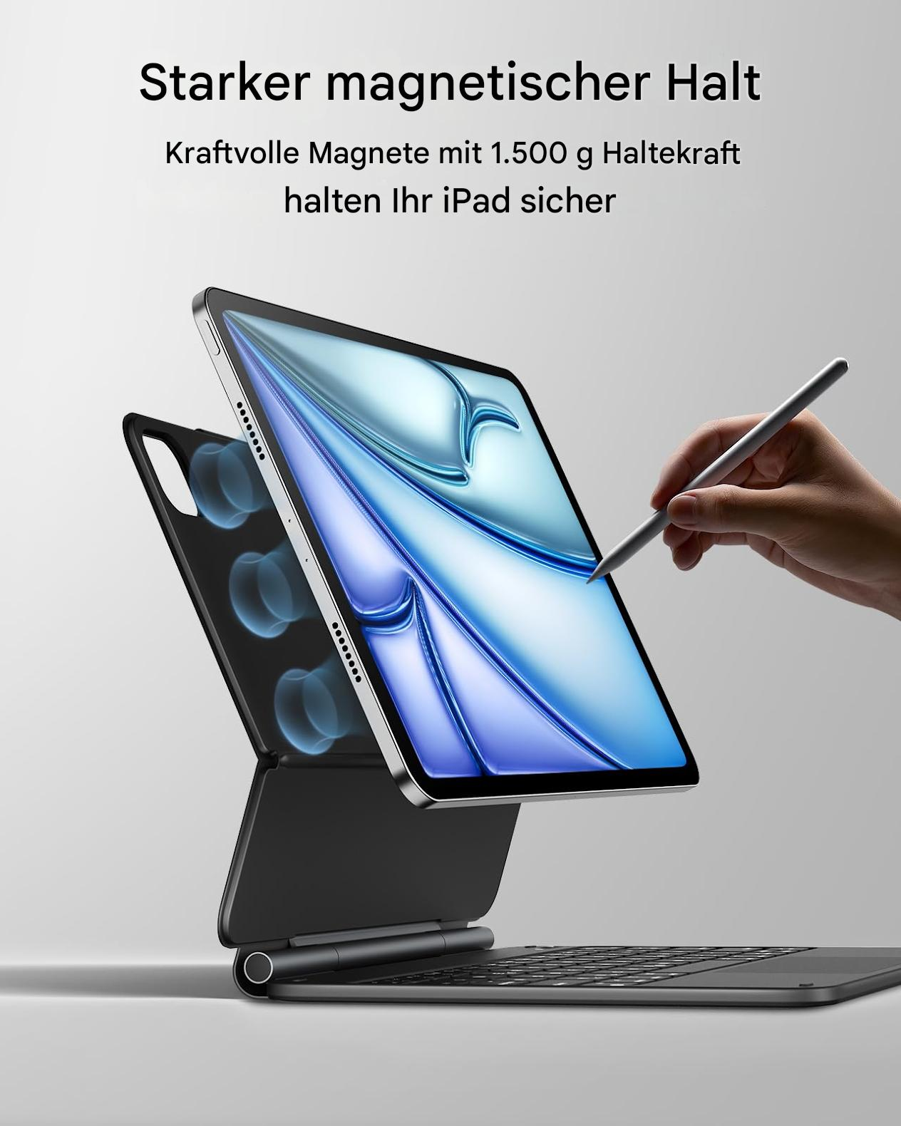 Ein iPad mit Tastatur und Stift, das magnetische Befestigung und Stabilität demonstriert.
