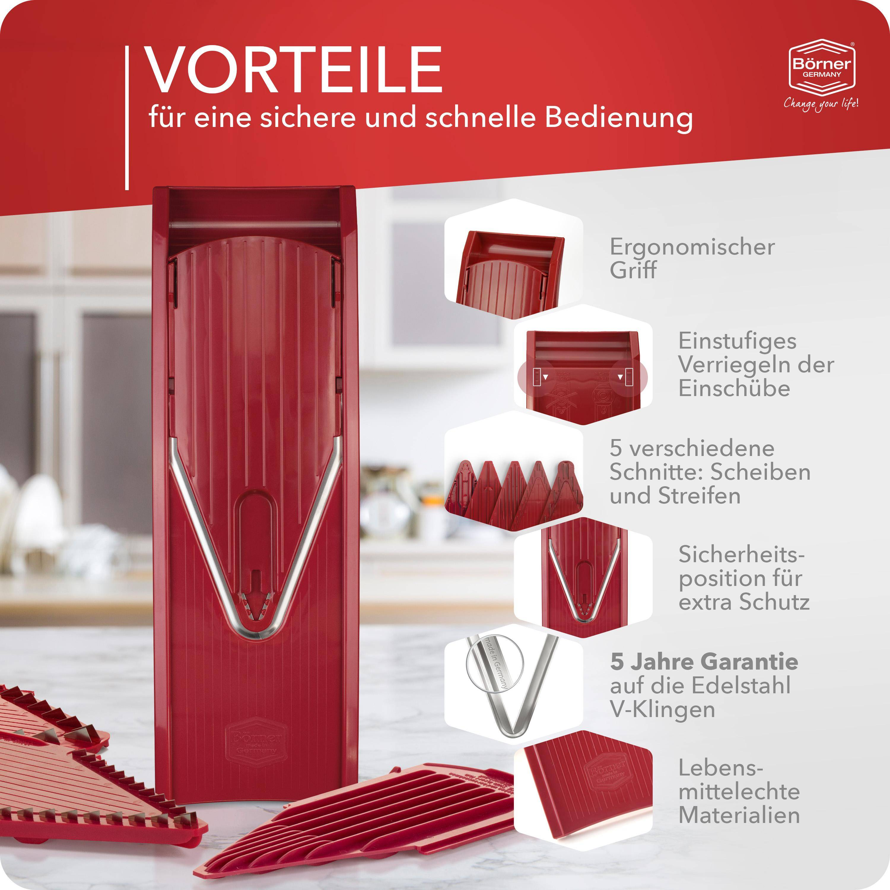 Roter Gemüseschneider mit verschiedenen Komponenten, zeigt Funktionen und Vorteile.