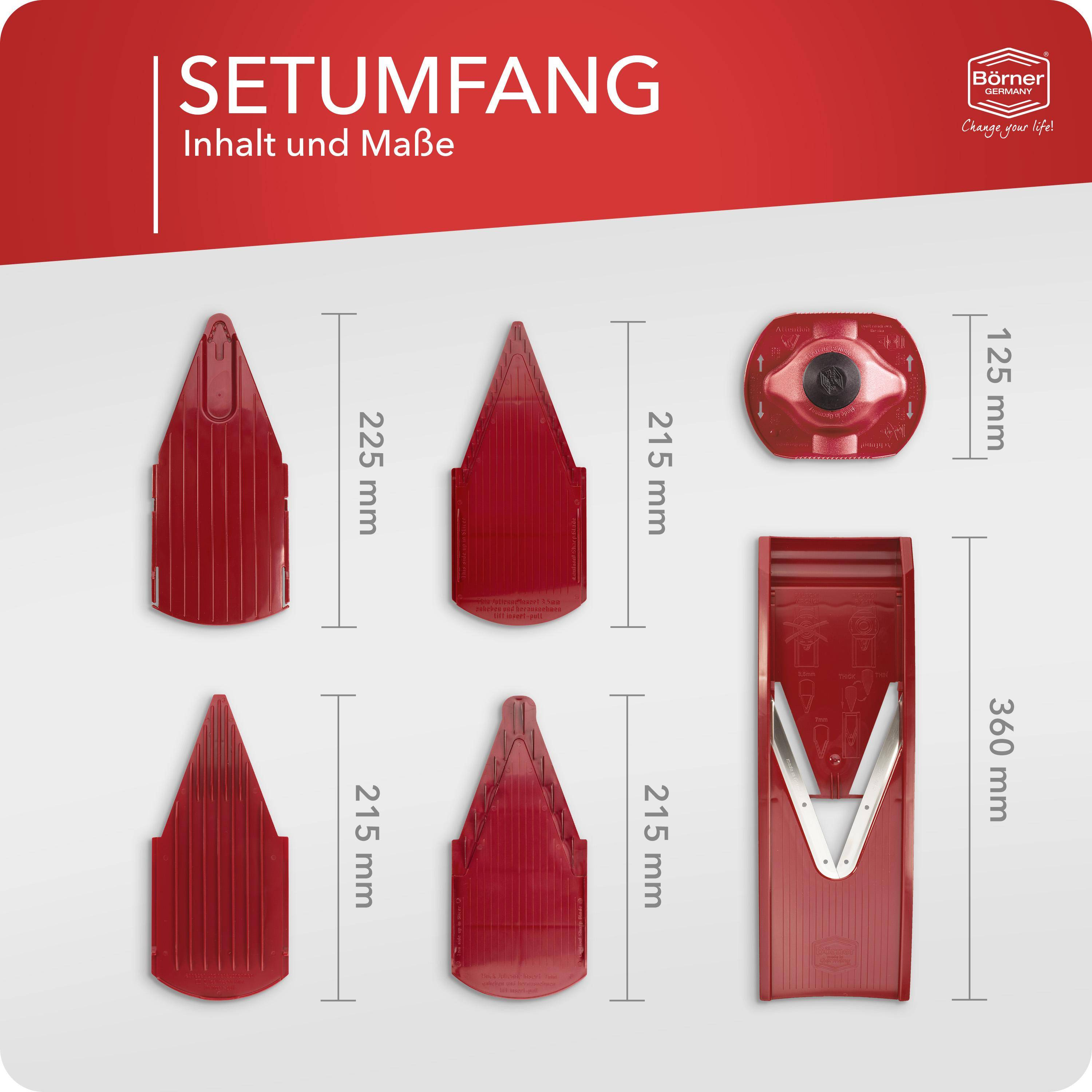 Rotes Küchenwerkzeug-Set. Enthält Slicer und andere Teile.