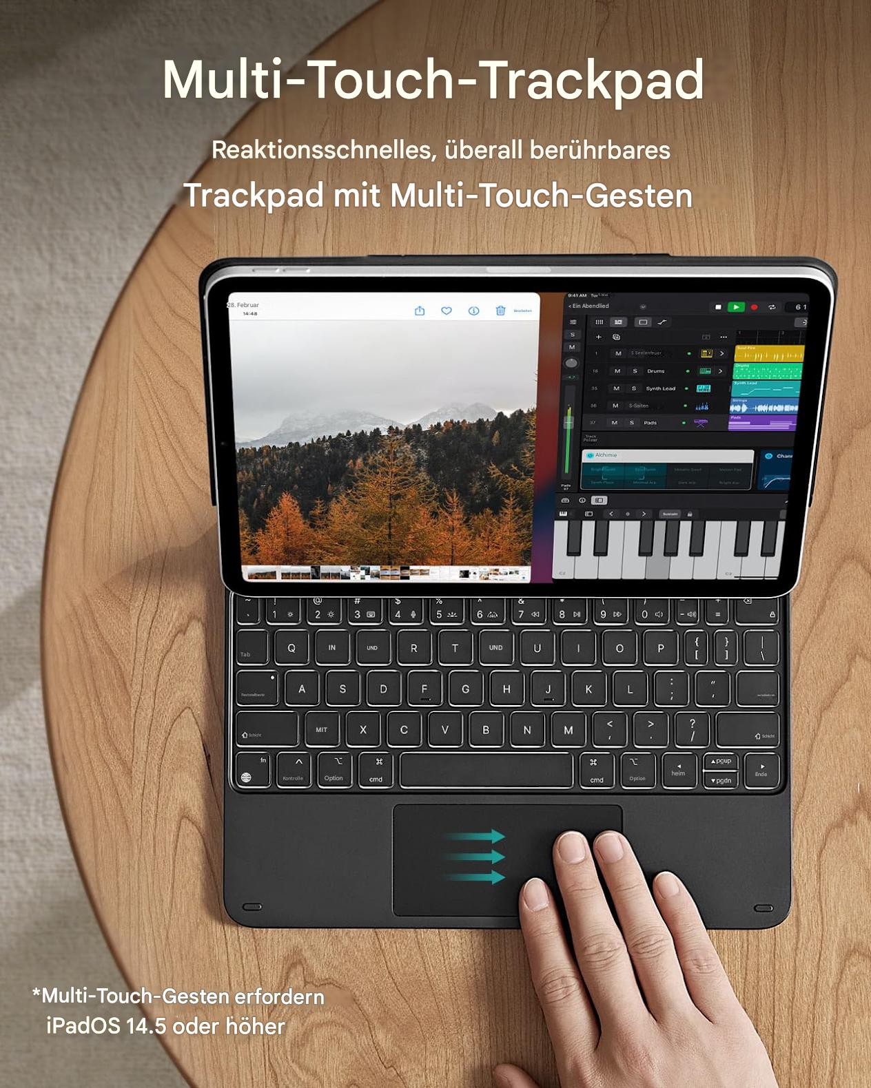 Tablet-Tastatur mit Multi-Touch-Trackpad und einem Bildschirm, der eine Musik-App anzeigt.