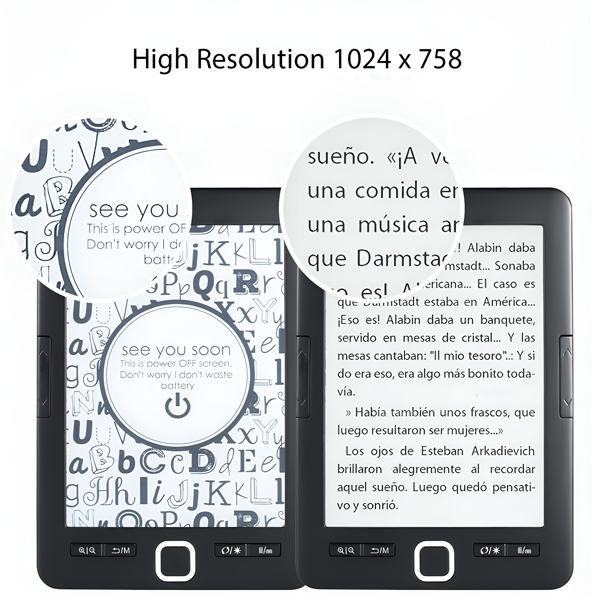 Zwei E-Reader mit Textanzeige, einschließlich einer Nahaufnahme eines Ein-/Ausschalters.