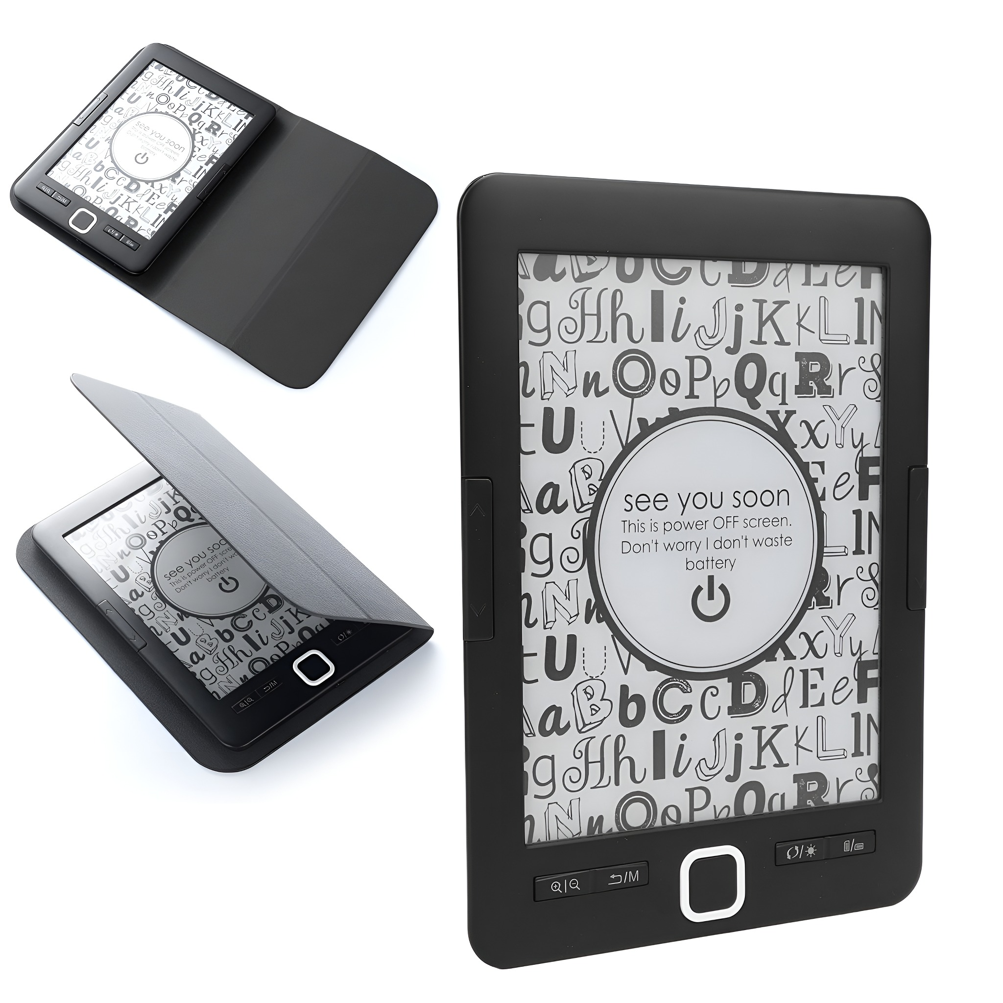 E-Reader mit schwarzem Cover. Der Bildschirm zeigt Alphabet und Text 'see you soon'.
