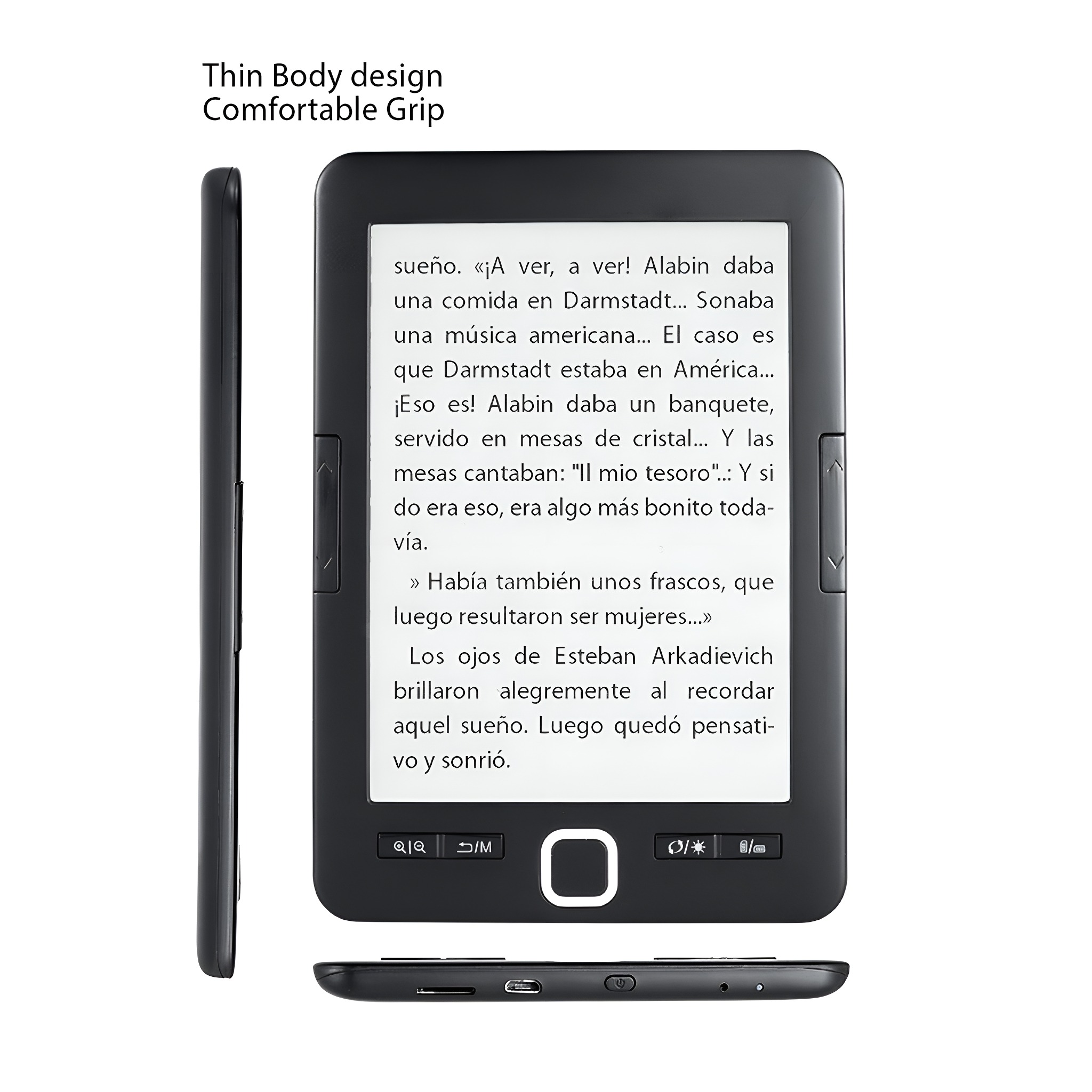 Ein E-Reader-Gerät mit Text, Seiten- und Unteransicht, schwarze Farbe.