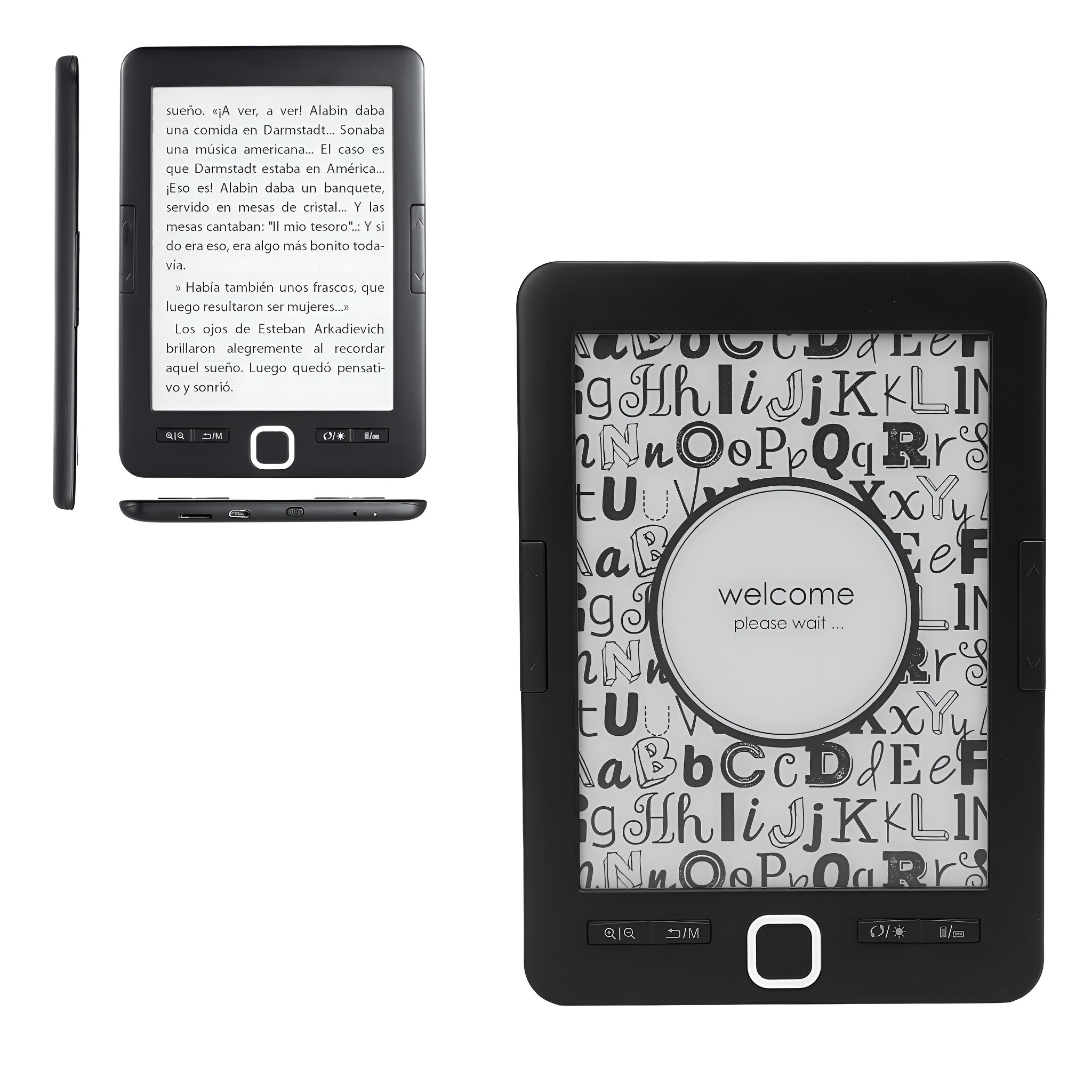 E-Reader, zeigt Text auf einer Seite und Willkommensbildschirm auf der anderen. Schwarz-Weiß-Design.