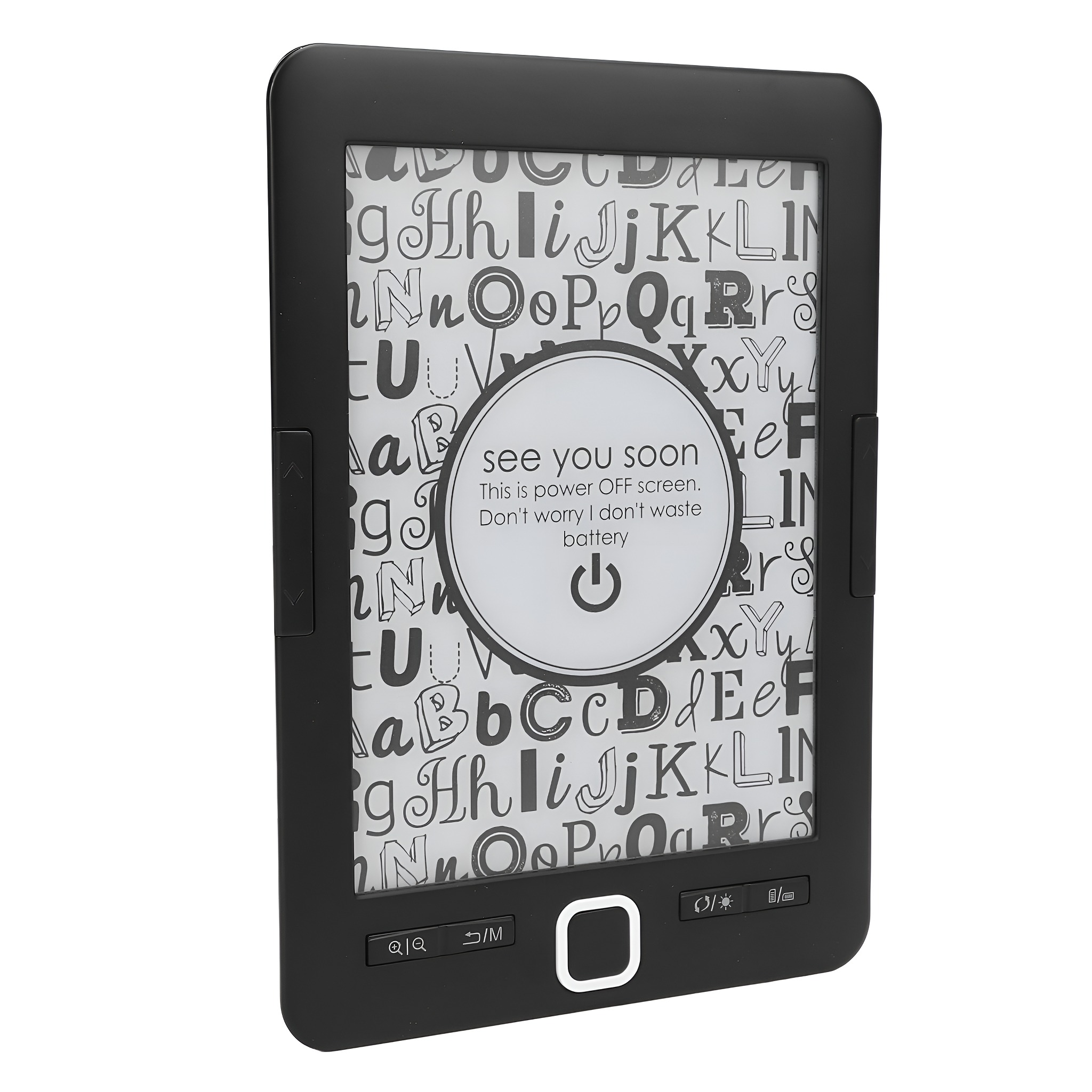 Schwarzer E-Reader mit Bildschirm, der die Abschaltmeldung und einen Hintergrund aus Buchstaben zeigt.